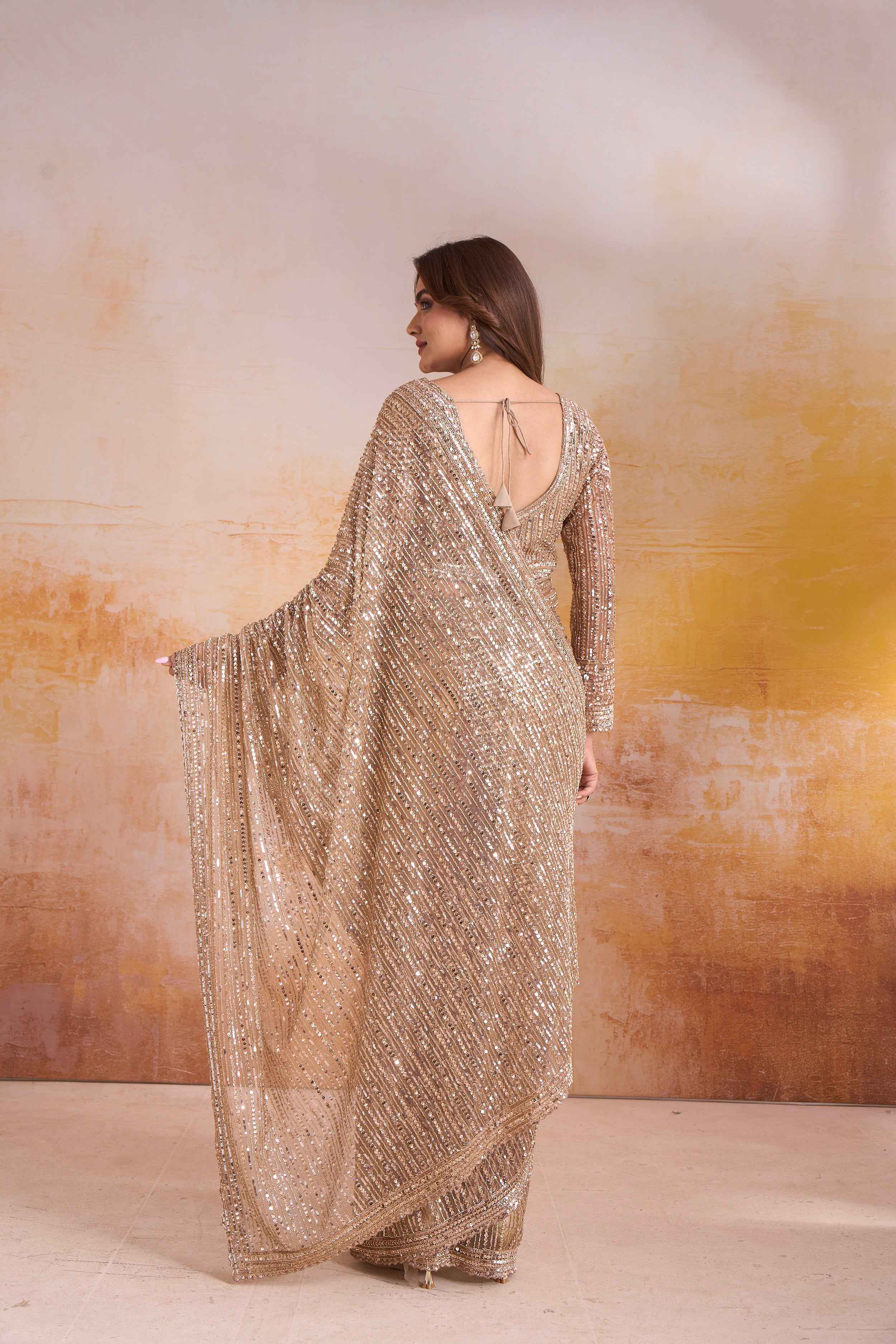 Shimmering Luxe | Champagne Gold Net Saree with Stitched Blouse | Palkhi Fashion