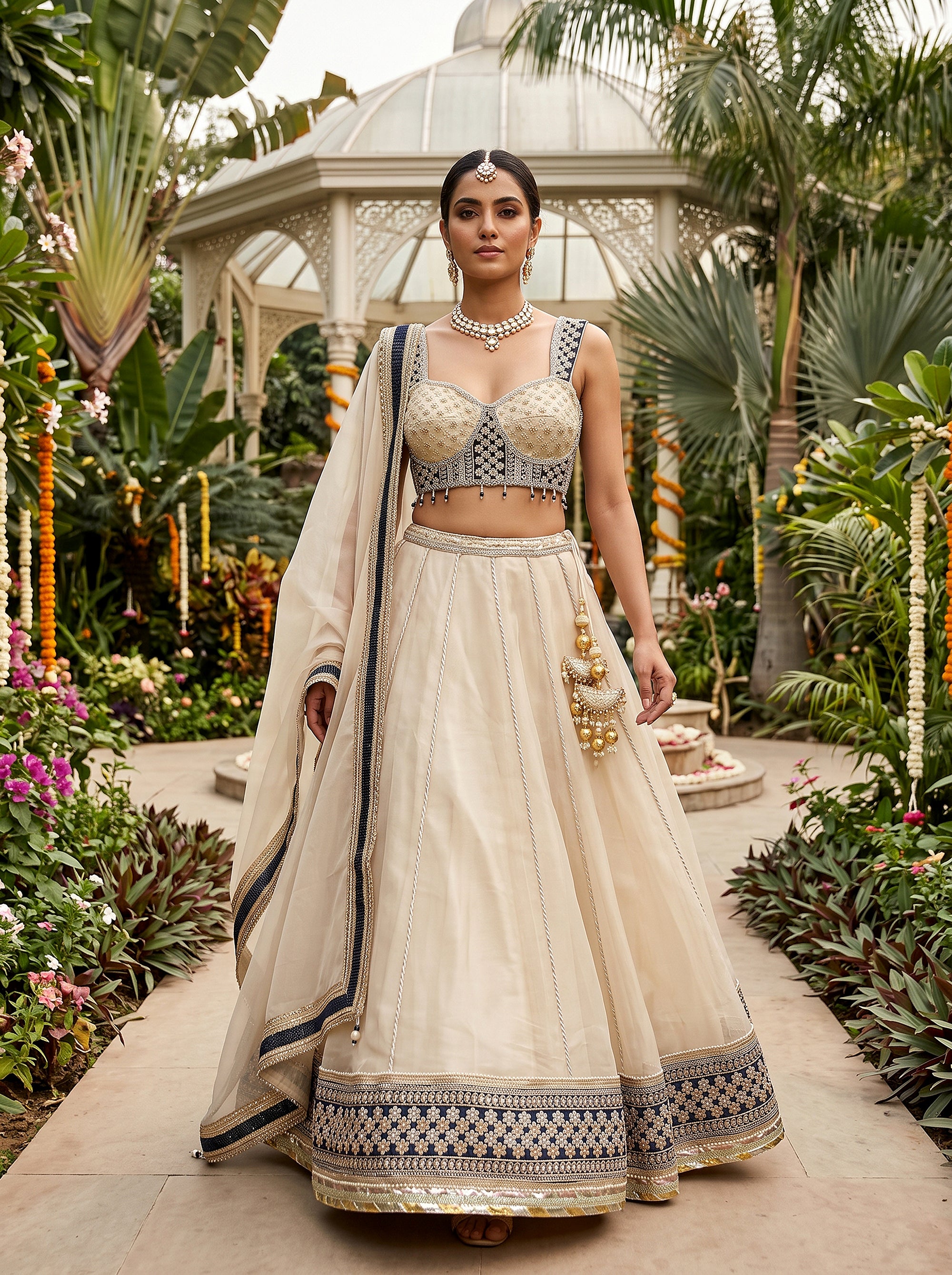Champagne Radiance | Champagne Organza Corset Lehenga Choli with Embroidered Navy Border | Palkhi Fashion