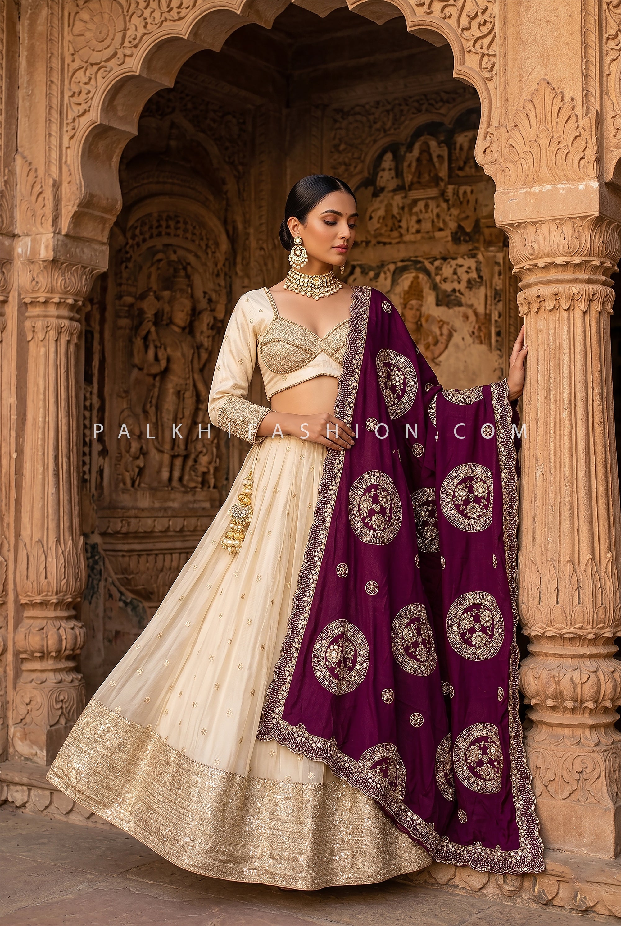 Champagne Silk Lehenga with Appealing Wine Embroidered Dupatta | Palkhi Fashion
