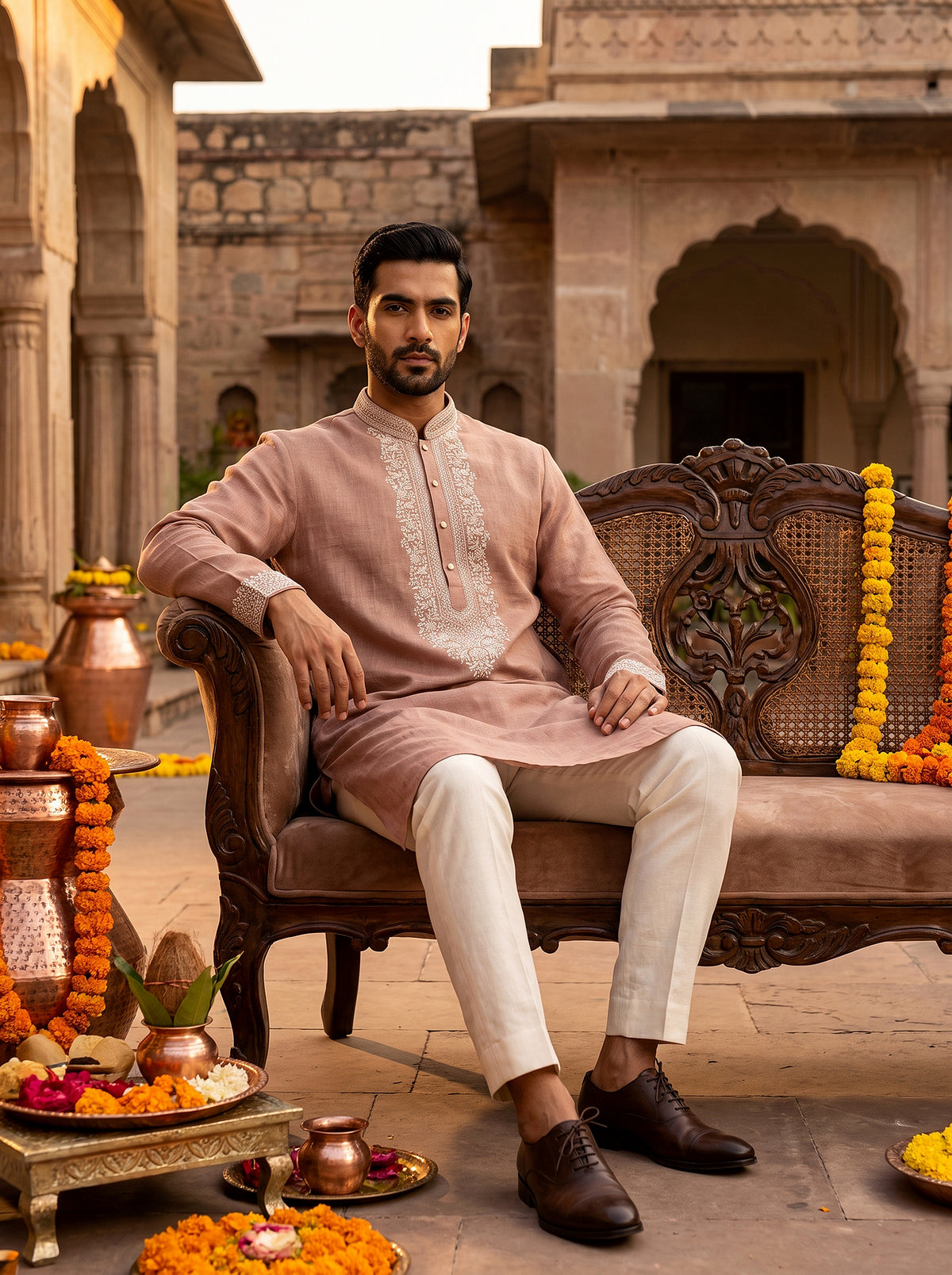 Refined Elegance | Champagne Textured Kurta Set with Resham and Bead Handwork | Palkhi Fashion