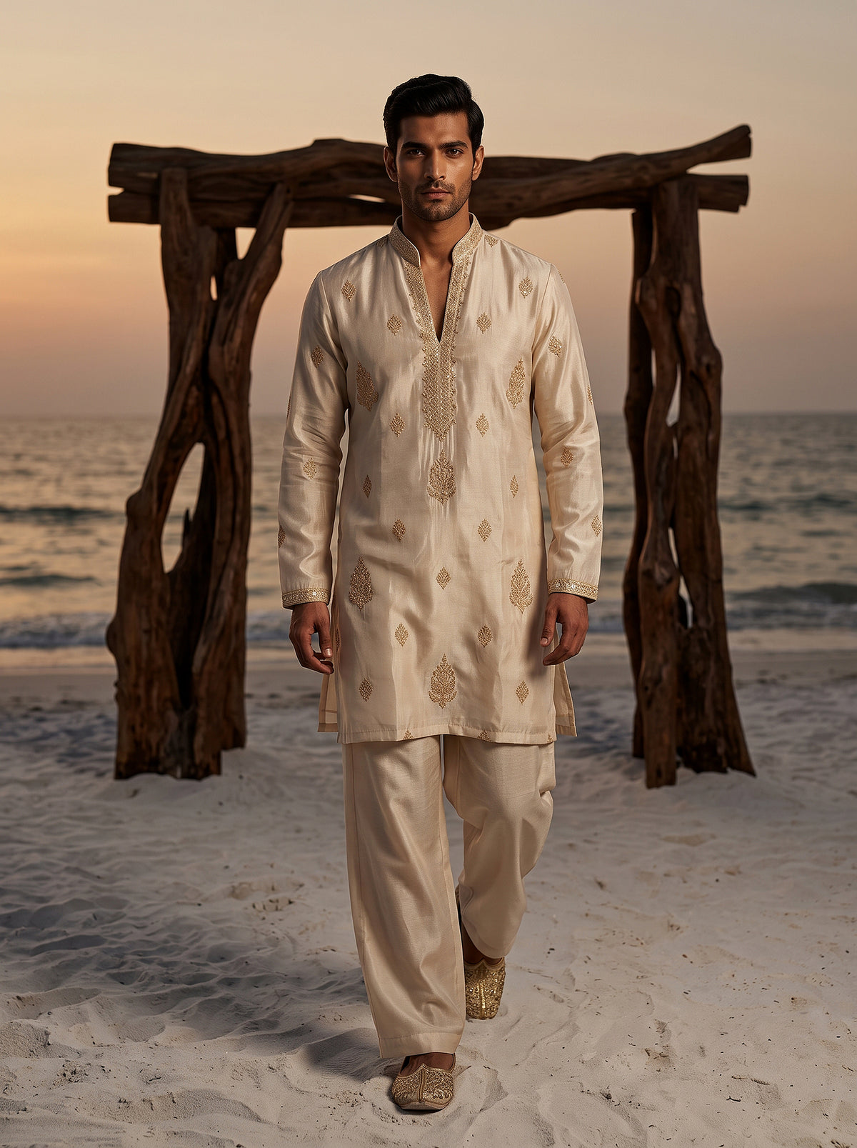 Golden Aura | Champagne Tissue Silk Embroidered Kurta Set | Palkhi Fashion