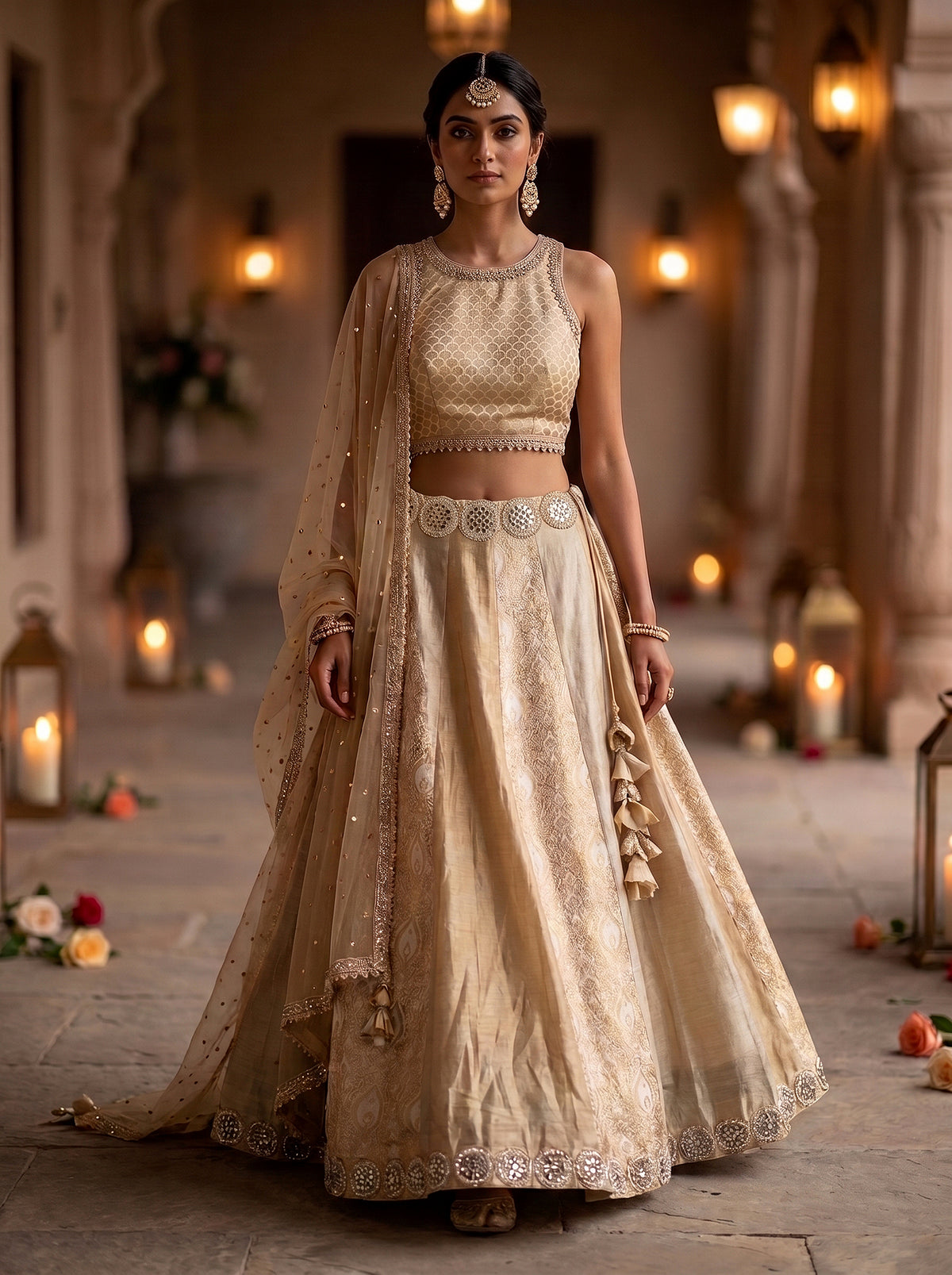 Golden Radiance | Champagne & Gold Brocade Lehenga Choli with Mirror Work | Palkhi Fashion