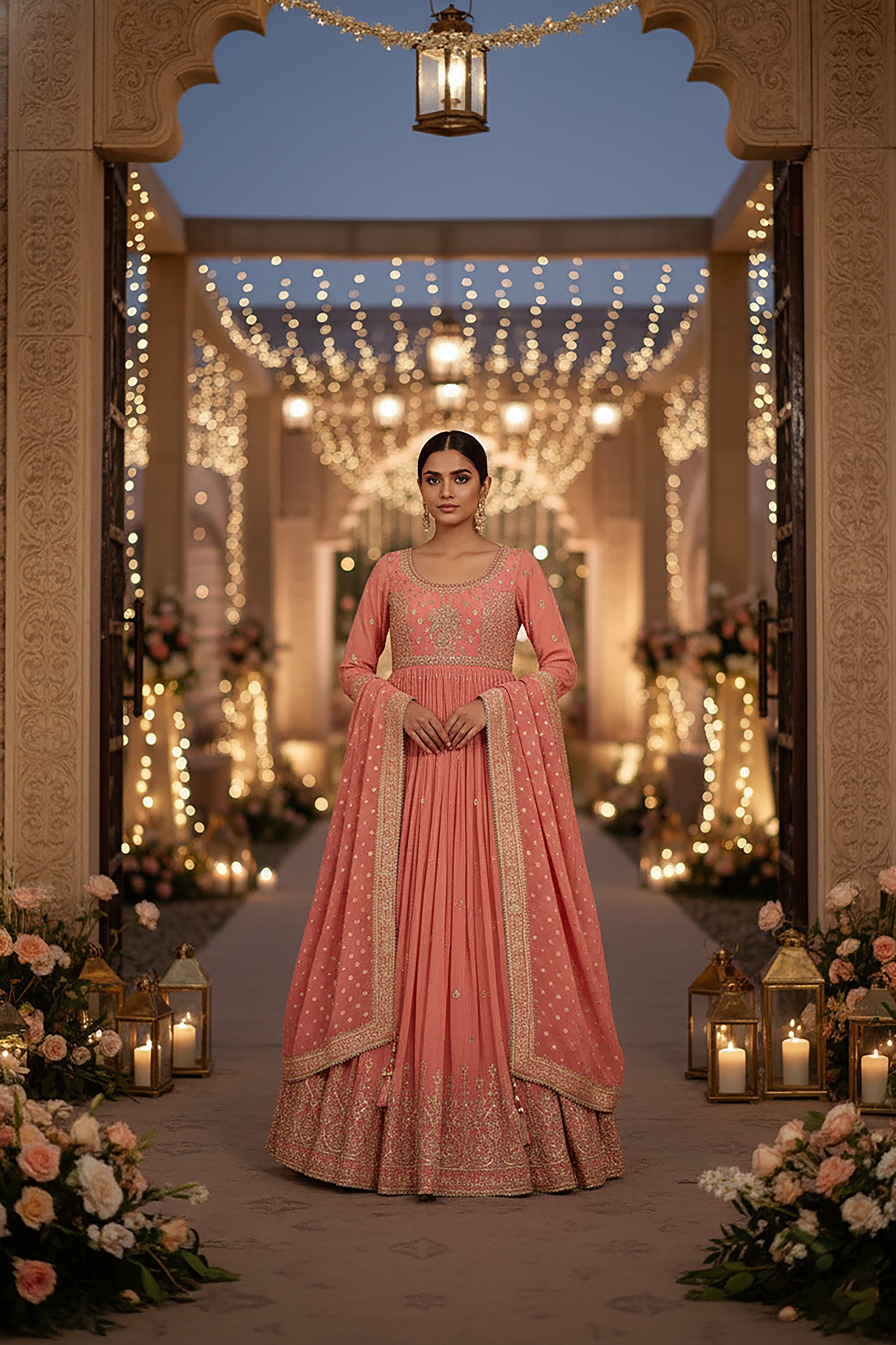Coral Royale: Designer Soft Silk Anarkali Suit with Pure Silk Dupatta – Palkhi Fashion