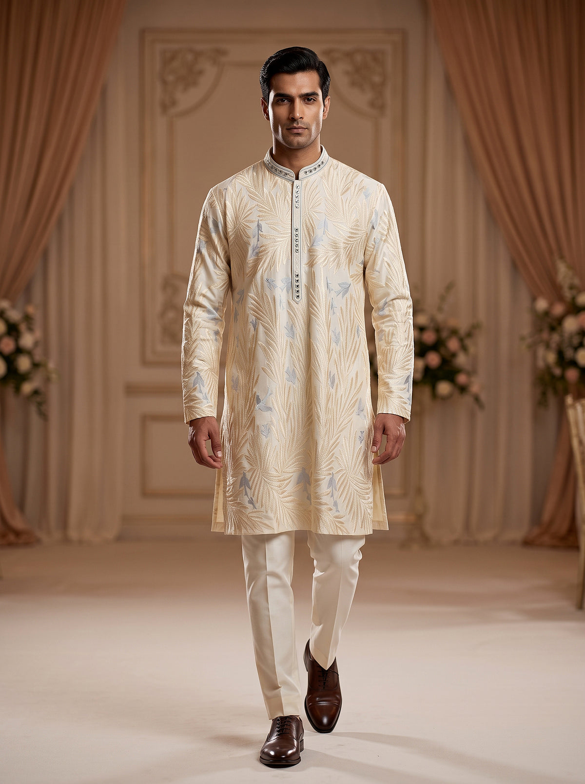 Regal Elegance | Cream Silk Blend Mens Kurta with Resham Embroidery | Palkhi Fashion