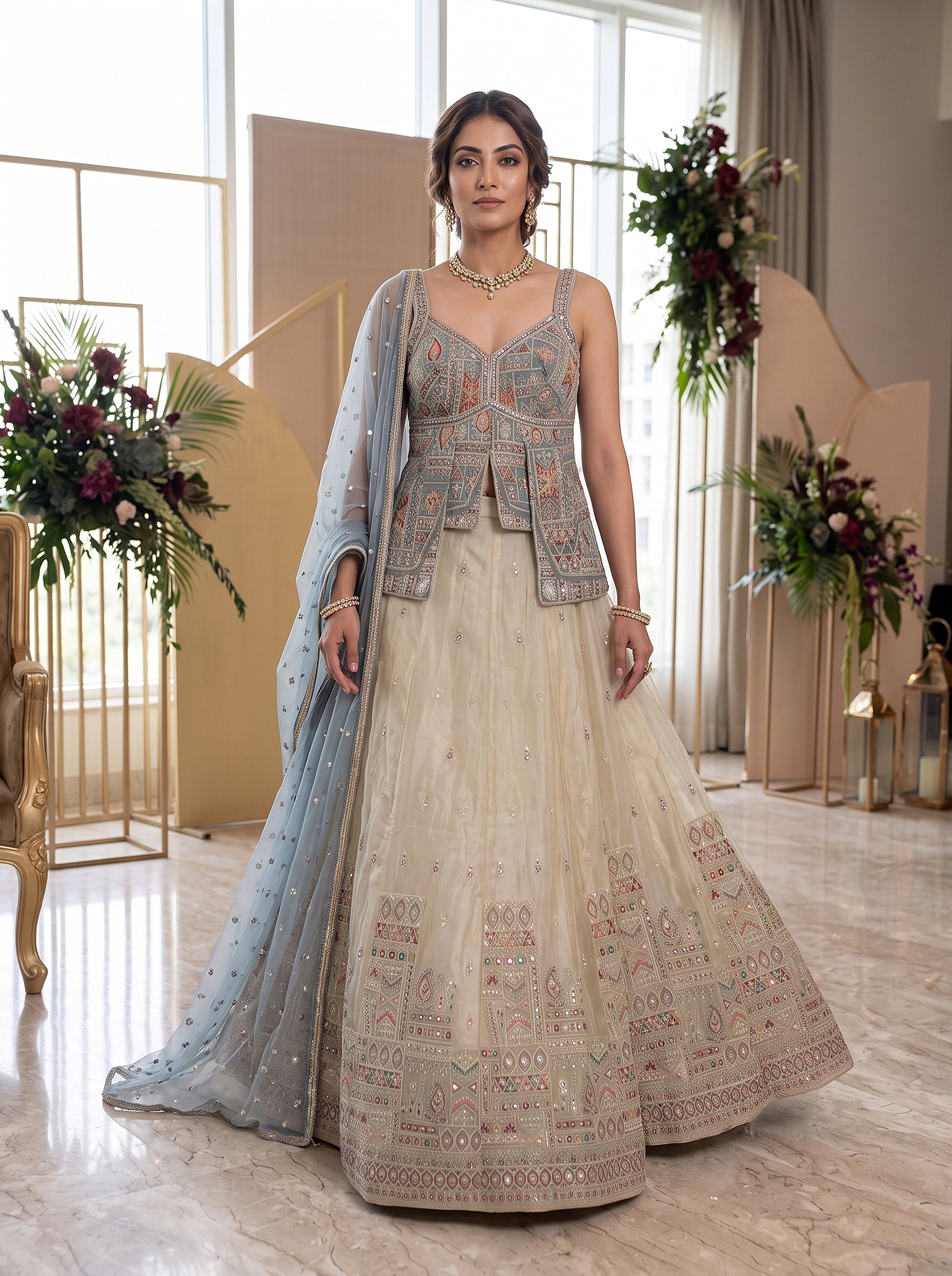 Serene Grandeur | Cream and Dusty Blue Soft Silk Resham Mirror Work Lehenga Set | Palkhi Fashion