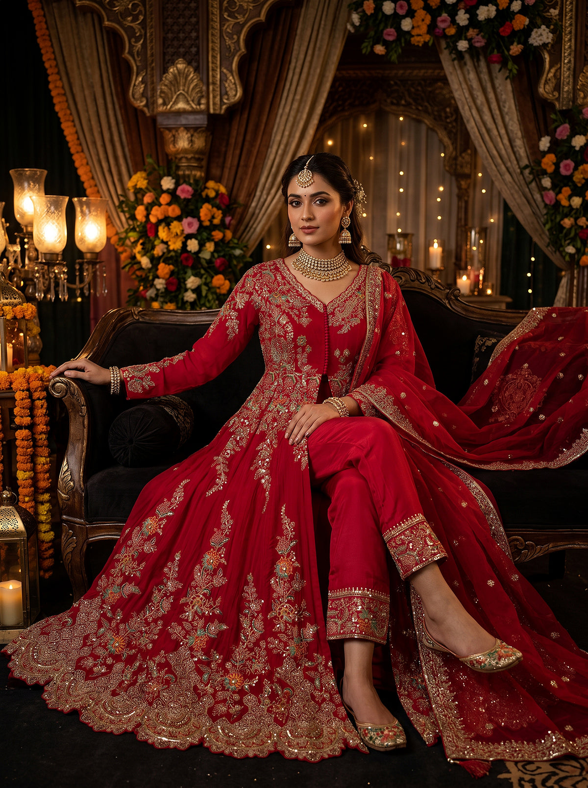 Crimson Royalty | Embroidered Crimson Red Front-Slit Suit for Festive Wear | Palkhi Fashion