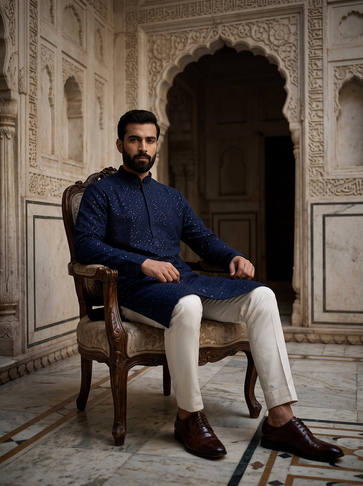 Midnight Majesty | Regal Dark Blue Men's Kurta Pajama with Resham Work | Palkhi Fashion
