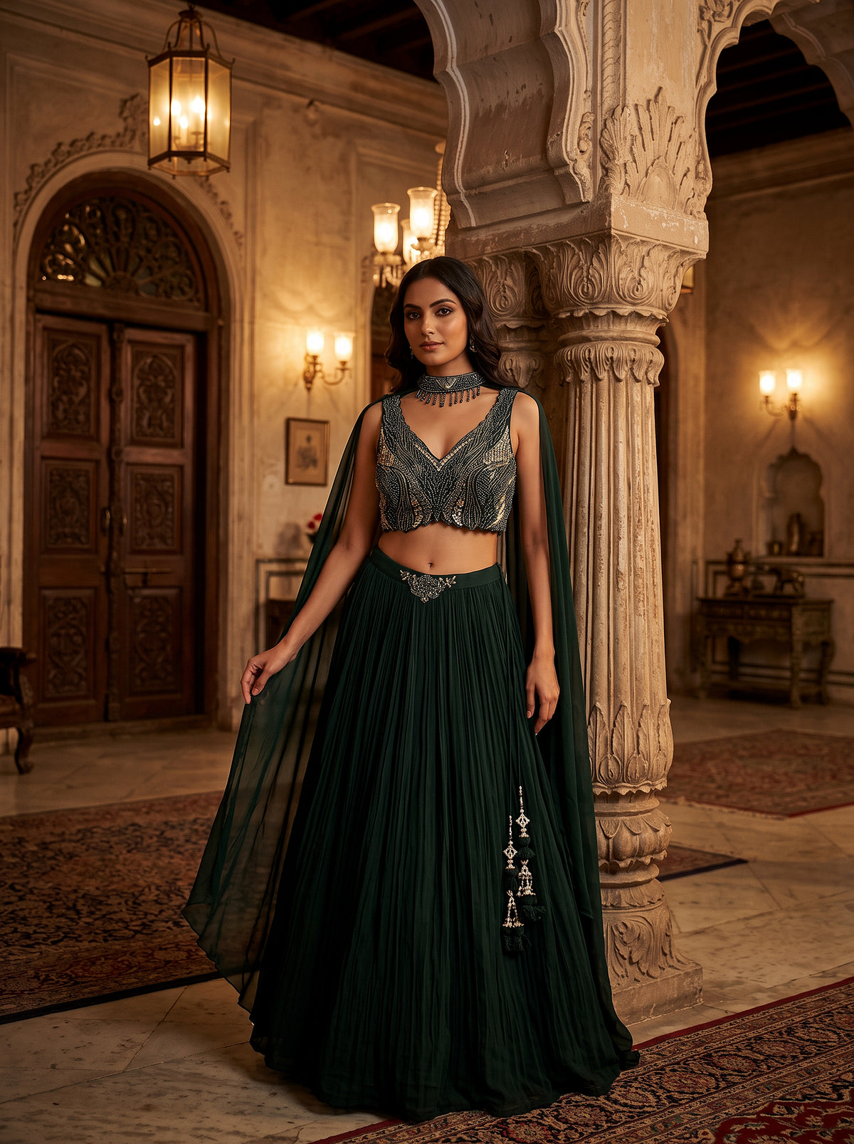 Emerald Allure | Dark Green Georgette Lehenga Choli with Choker Dupatta & Handwork | Palkhi Fashion