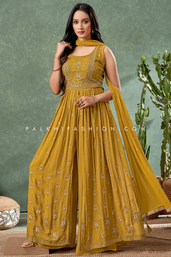 Dazzling Mustard Palazzo Outfit With Sequin Embroidery Work