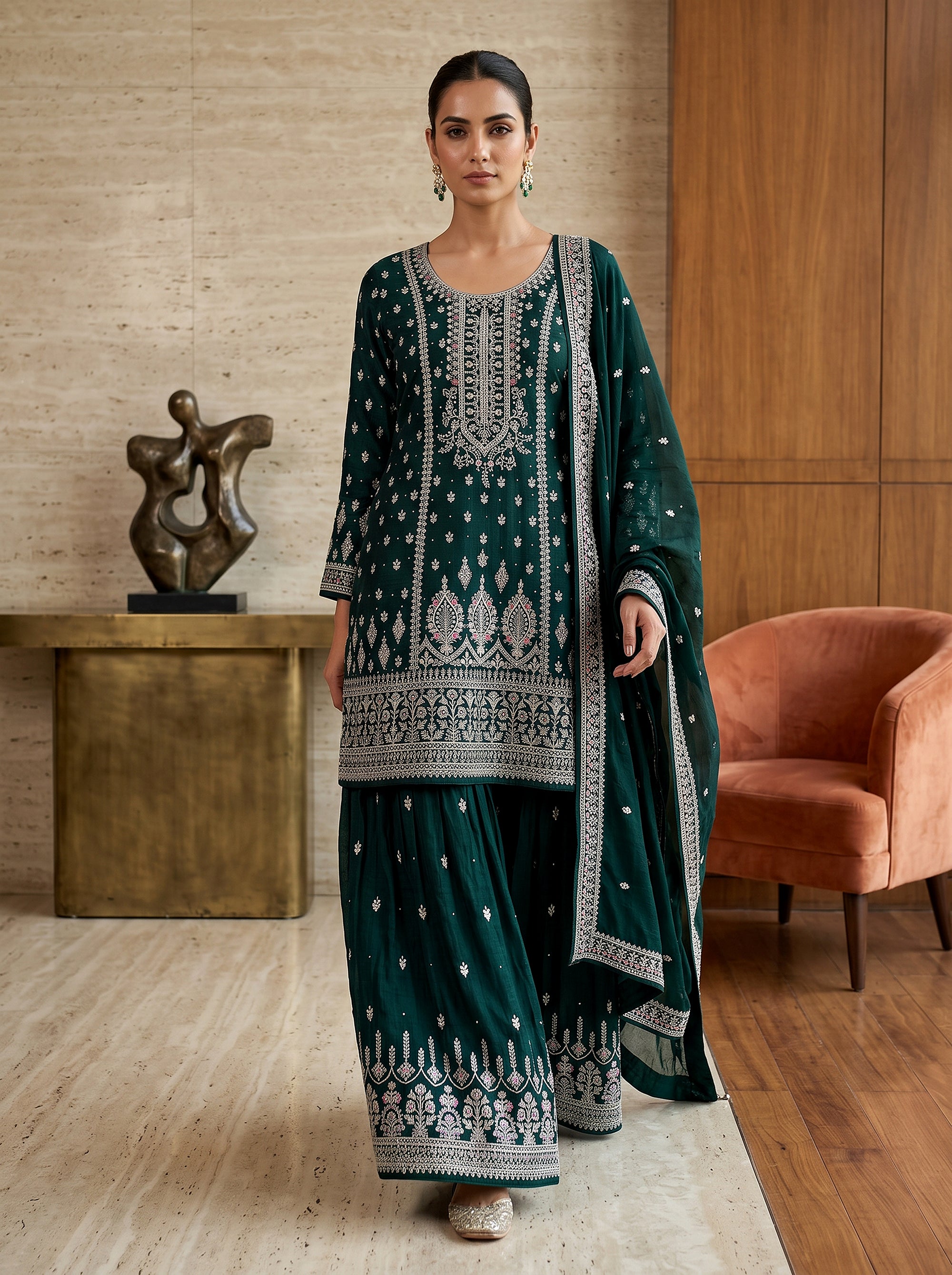 Emerald Grandeur | Deep Green Embroidered Palazzo Suit with Sheer Dupatta | Palkhi Fashion