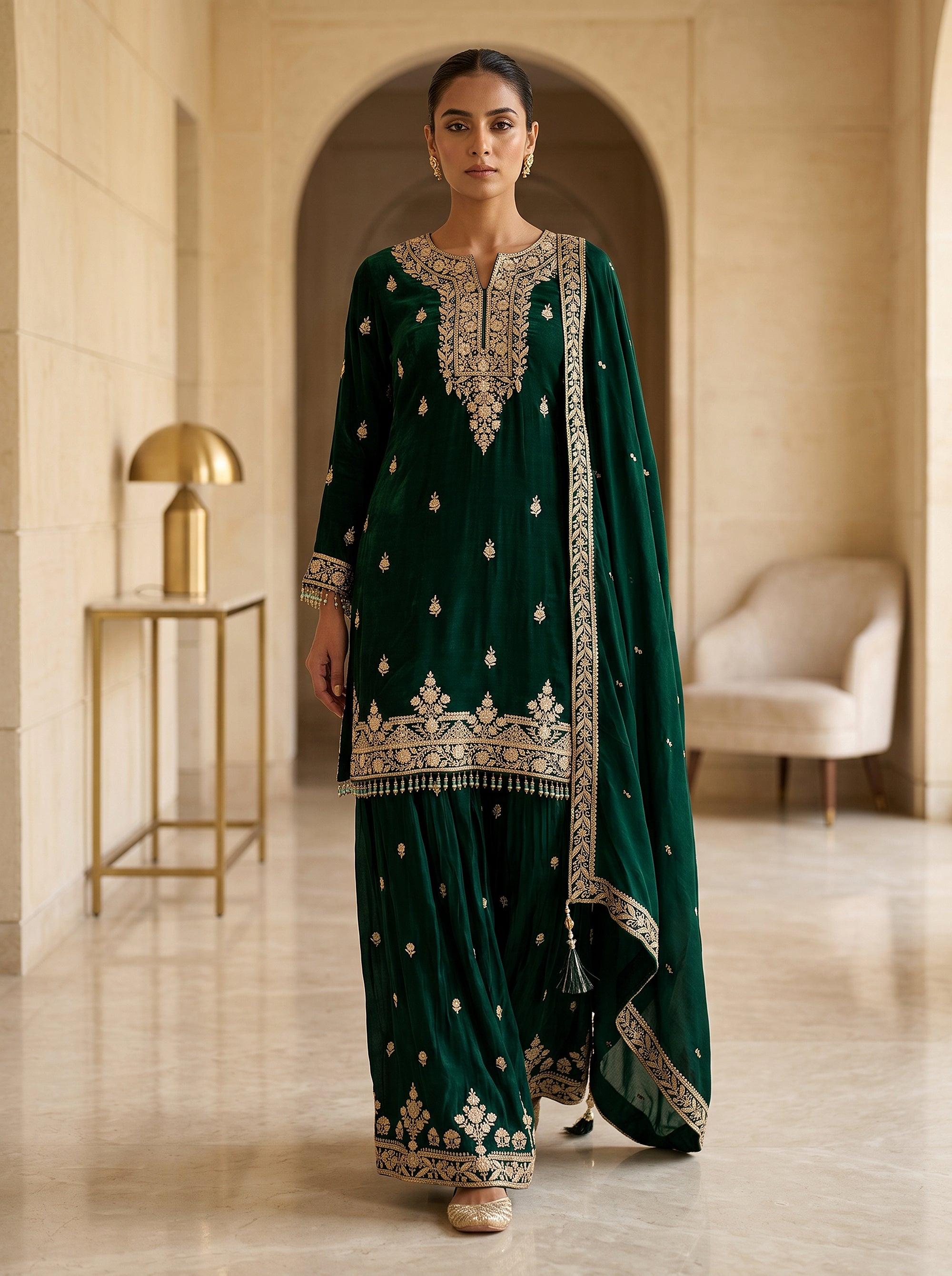 Emerald Elegance | Deep Green Zari Embroidered Palazzo Suit | Palkhi Fashion