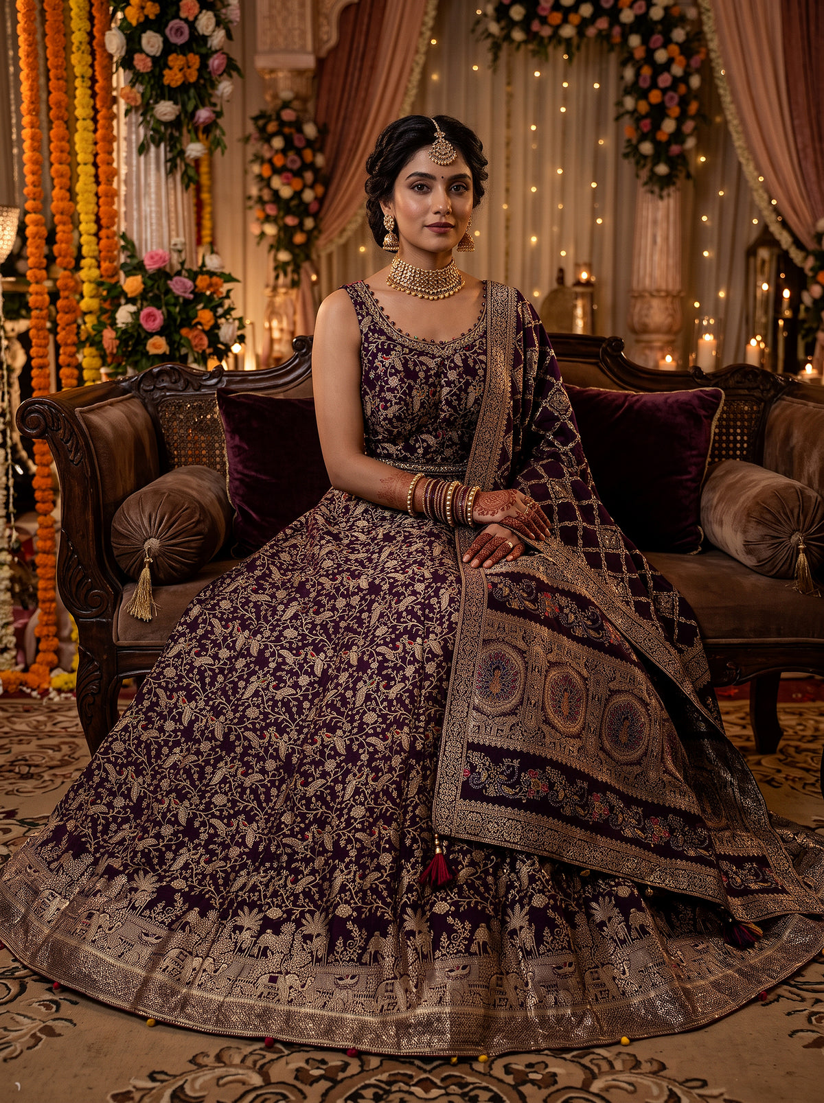 Regal Heritage | Deep Plum Wedding Guest Anarkali Suit with Cutdana Work | Palkhi Fashion