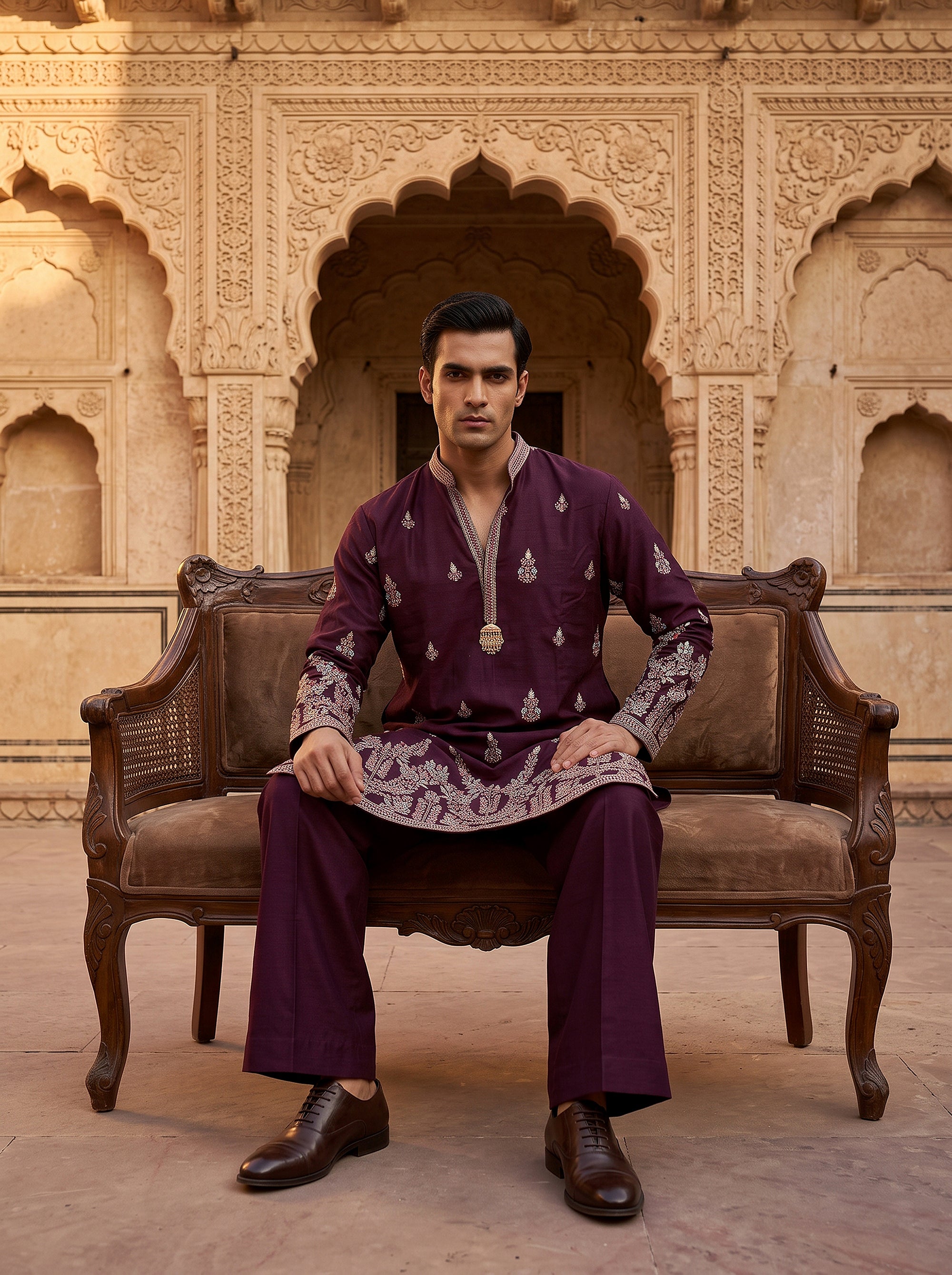 Regal Aura | Designer Deep Plum Kurta Set for Men with Embroidered Hem | Palkhi Fashion