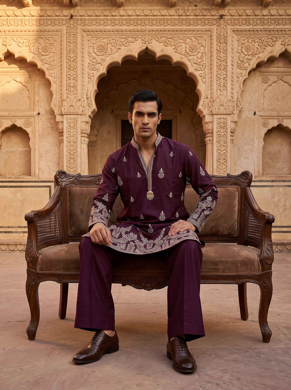 Regal Aura | Designer Deep Plum Kurta Set for Men with Embroidered Hem | Palkhi Fashion
