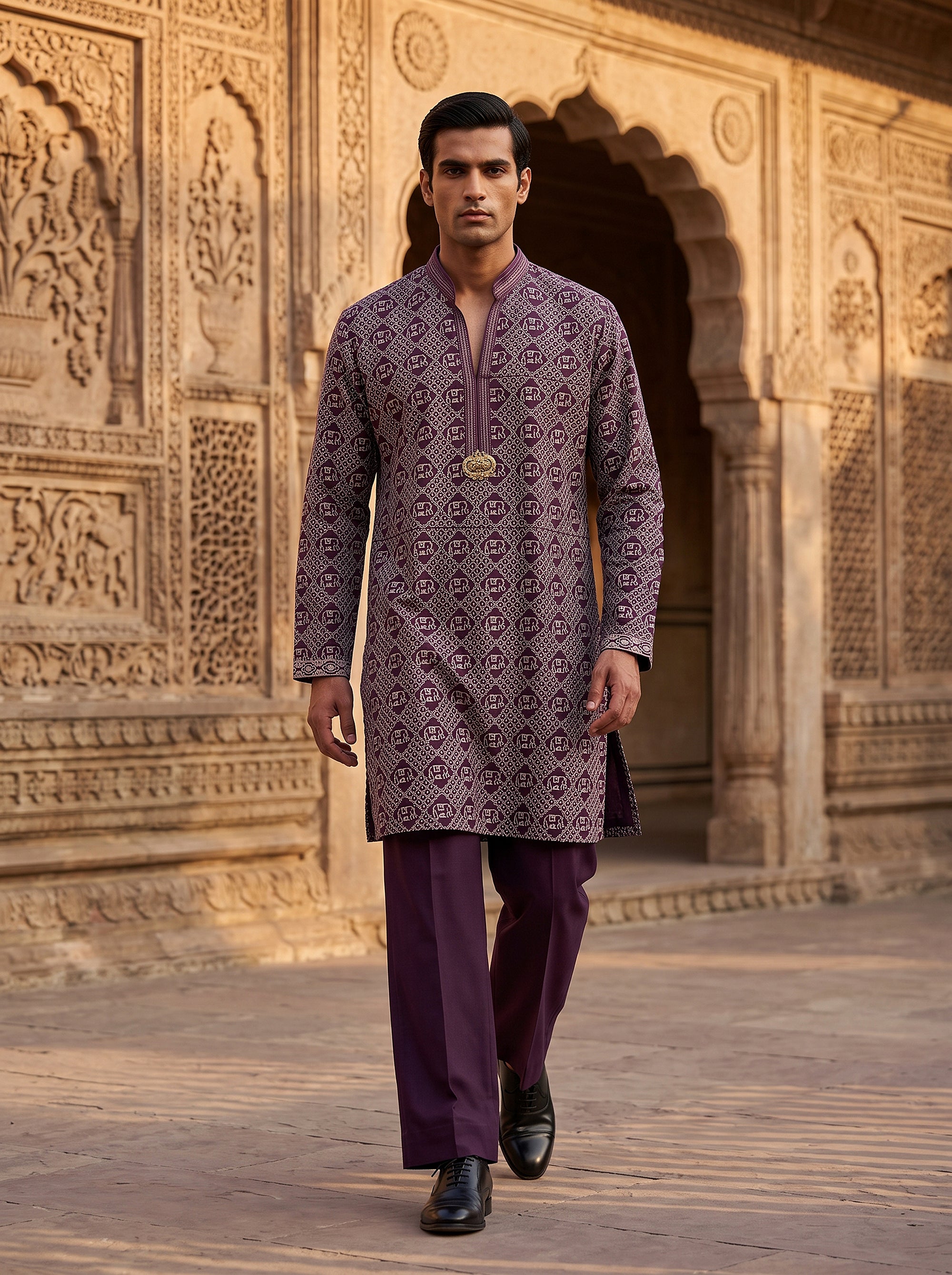 Royal Heritage | Deep Purple Elephant Motif Kurta Set with Zari Work | Palkhi Fashion