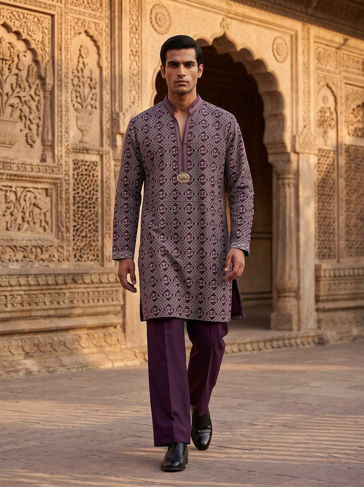 Royal Heritage | Deep Purple Elephant Motif Kurta Set with Zari Work | Palkhi Fashion