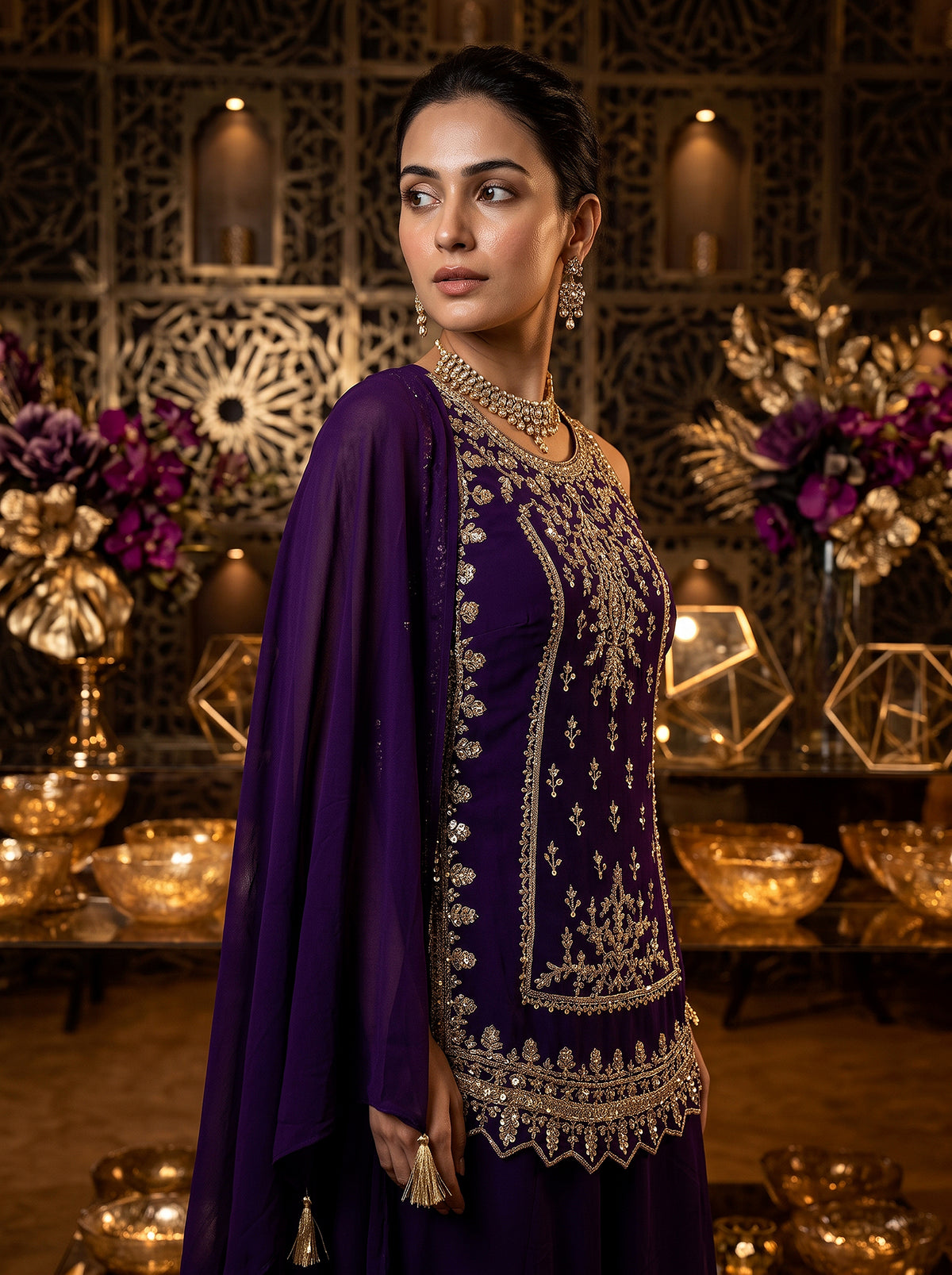 Regal Radiance | Deep Purple Georgette Palazzo Kurta Set with Cutdana Work | Palkhi Fashion