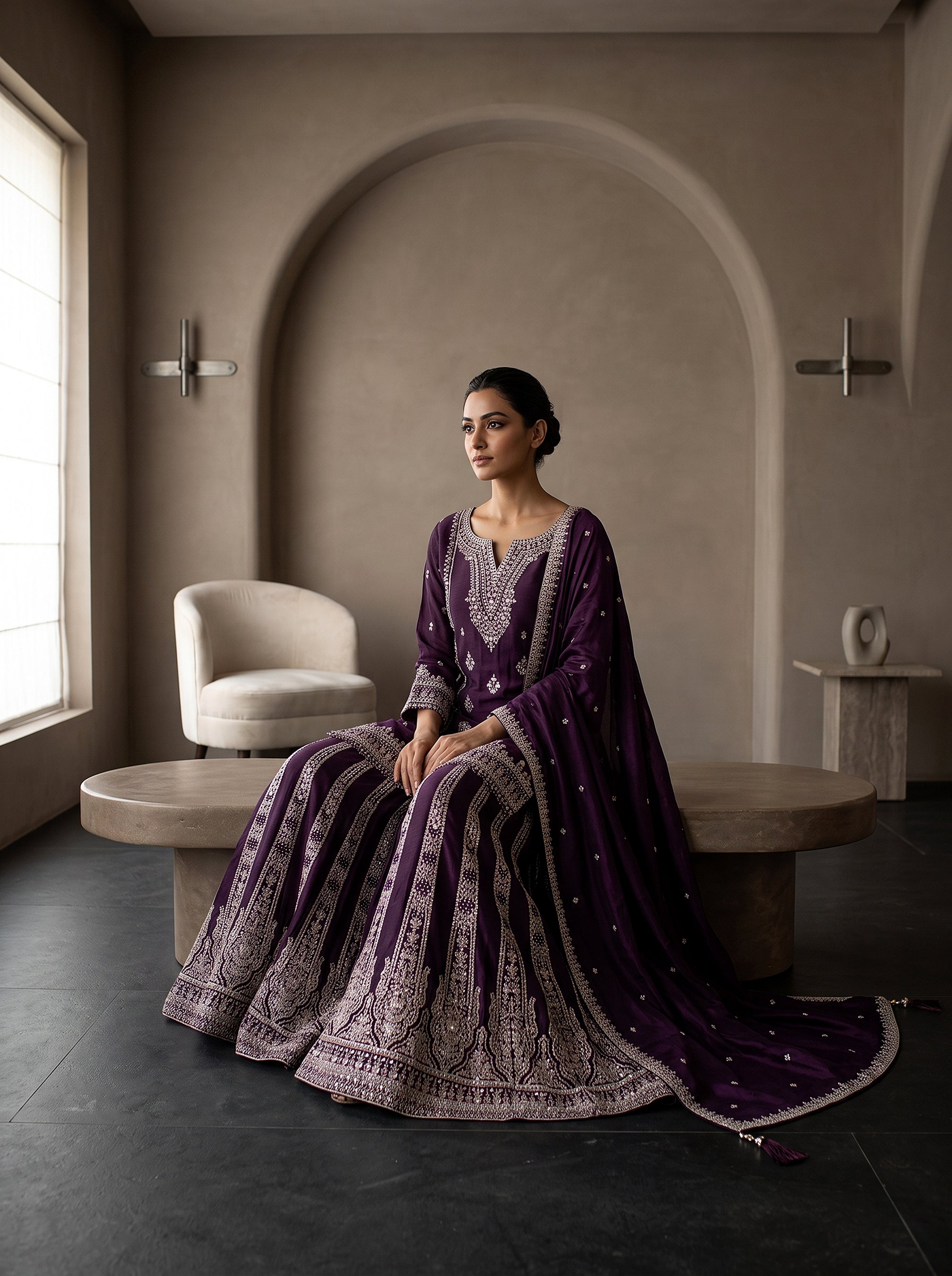 Royal Plum | Deep Purple Mirror Work Palazzo Suit | Palkhi Fashion