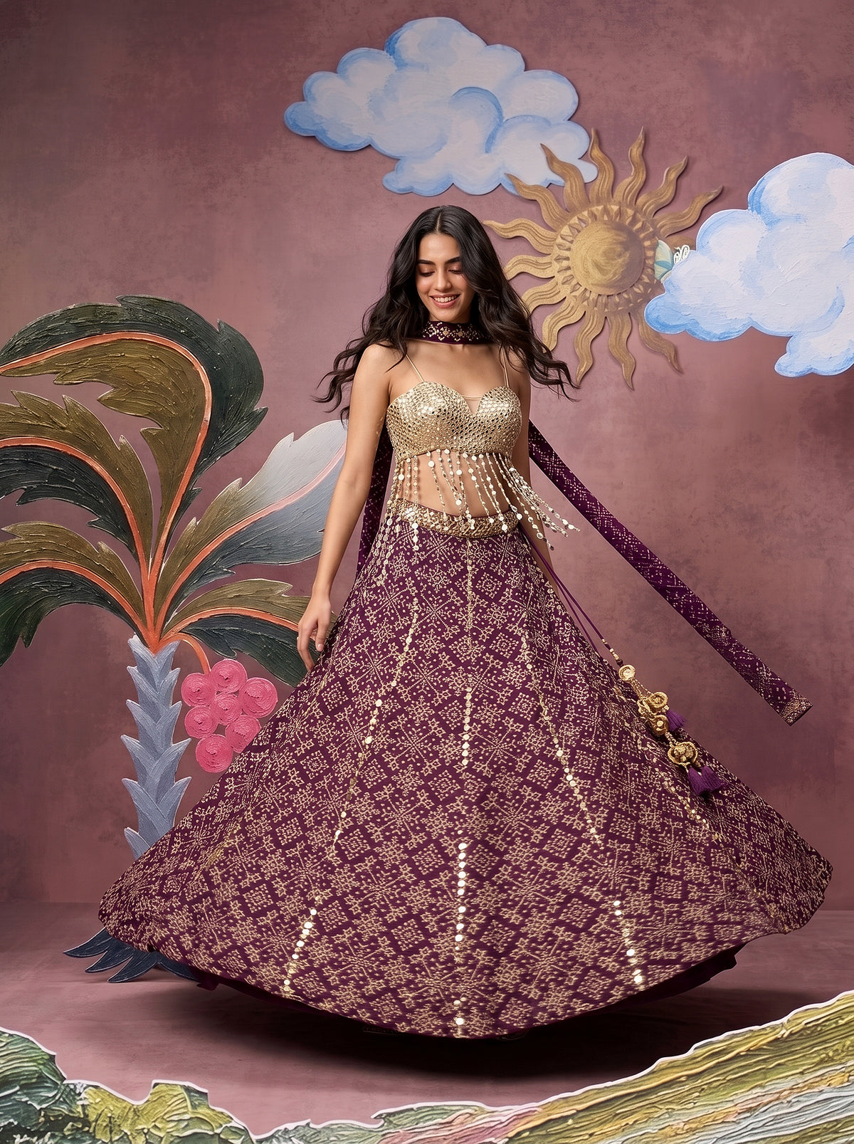 Regal Radiance | Deep Purple Patola Print Lehenga Choli with Mirror Handwork Blouse | Palkhi Fashion