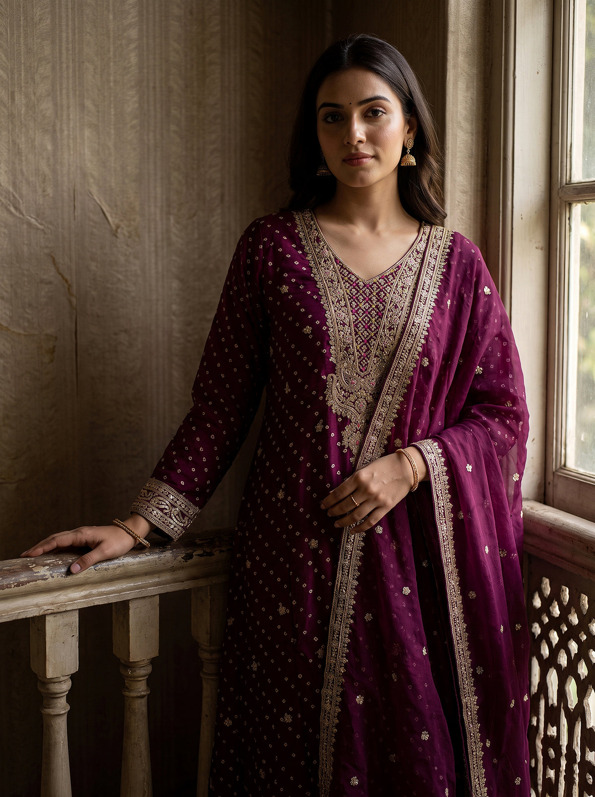 Regal Elegance | Deep Wine Bandhani A-Line Salwar Kameez with Aari Embroidery | Palkhi Fashion