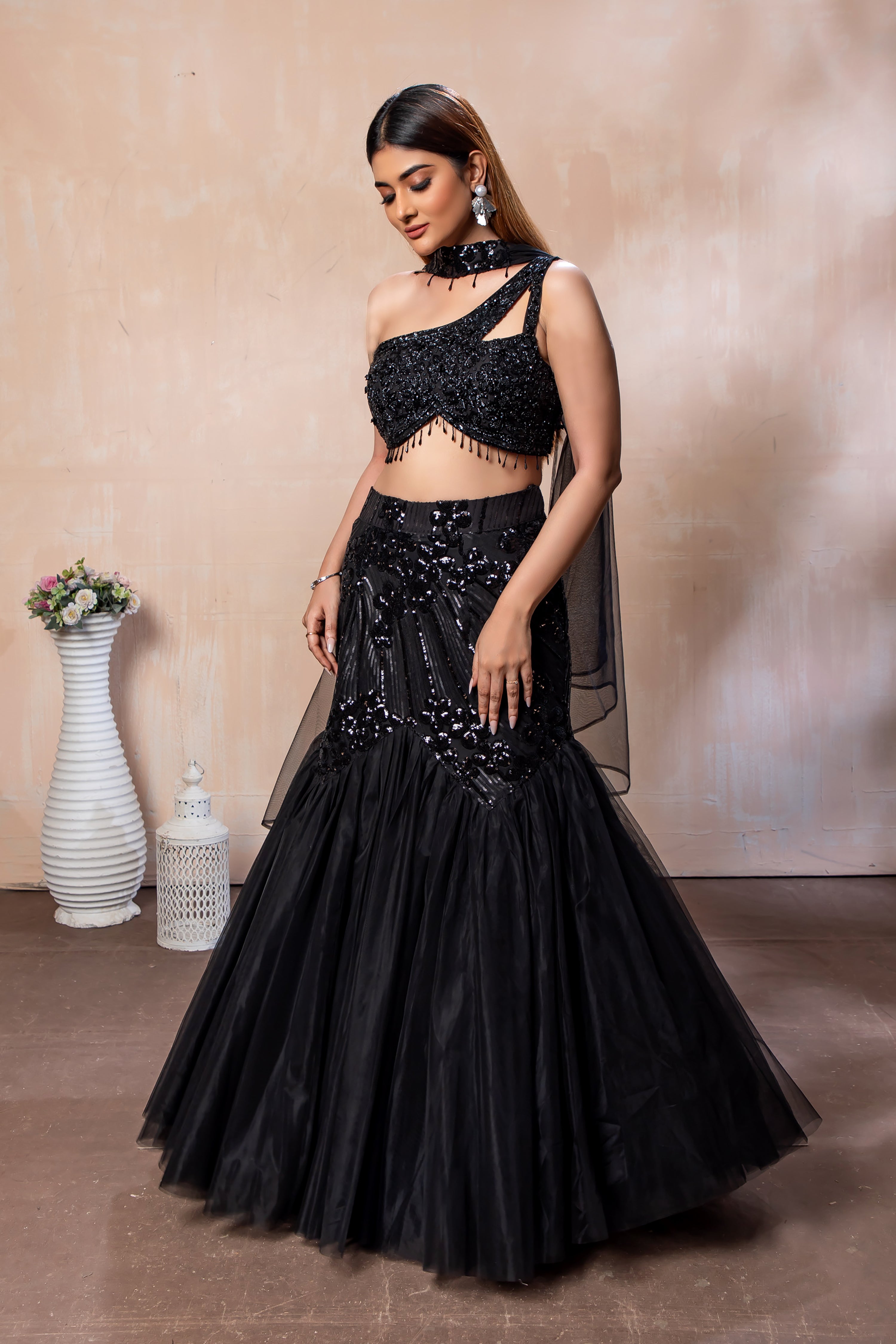 Designer Black Mermaid Lehenga Choli | One Shoulder Handwork Blouse