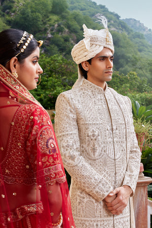 Designer Cream Hand-Embroidered Sherwani | Royal Motif Design