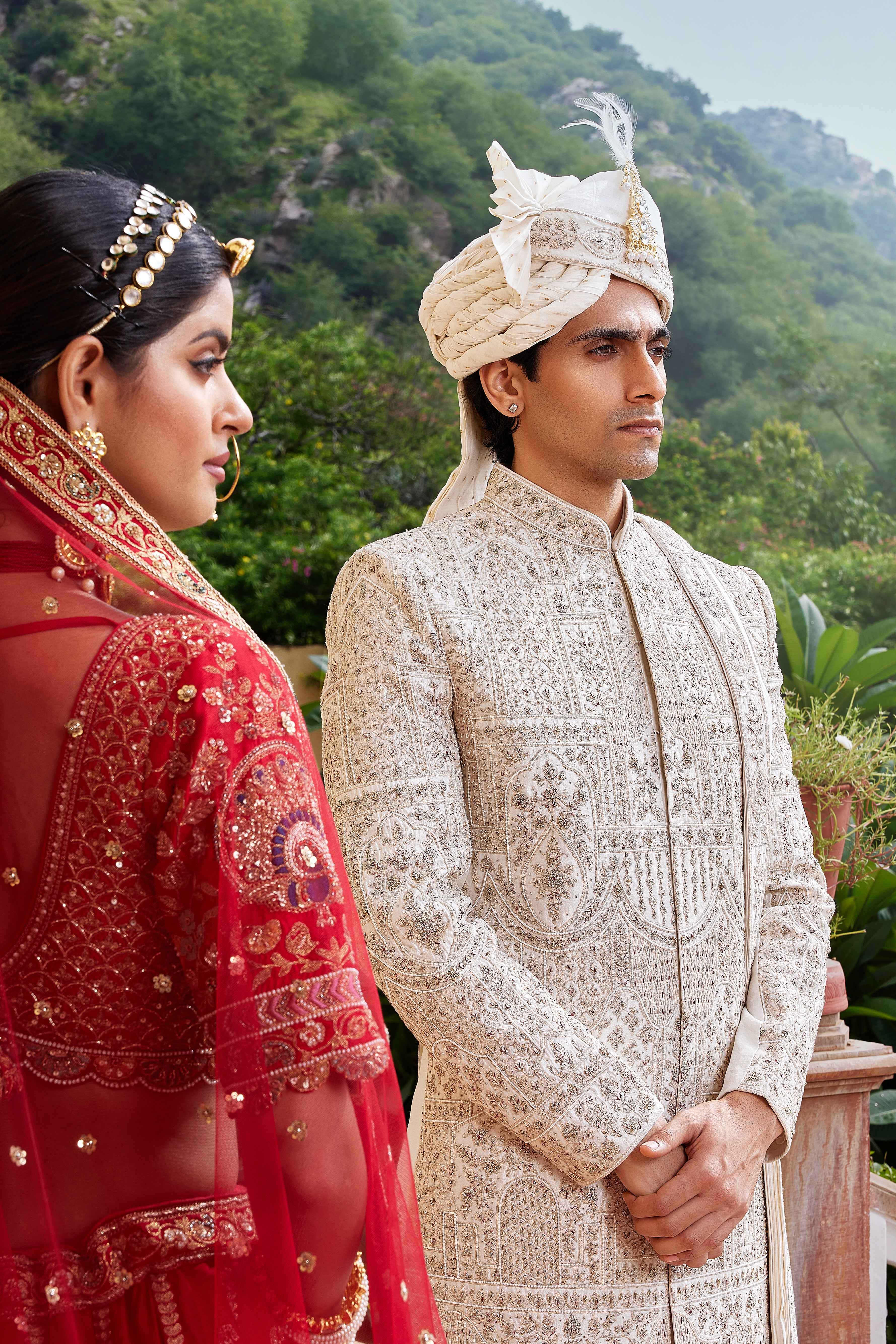 Designer Cream Hand-Embroidered Sherwani | Royal Motif Design