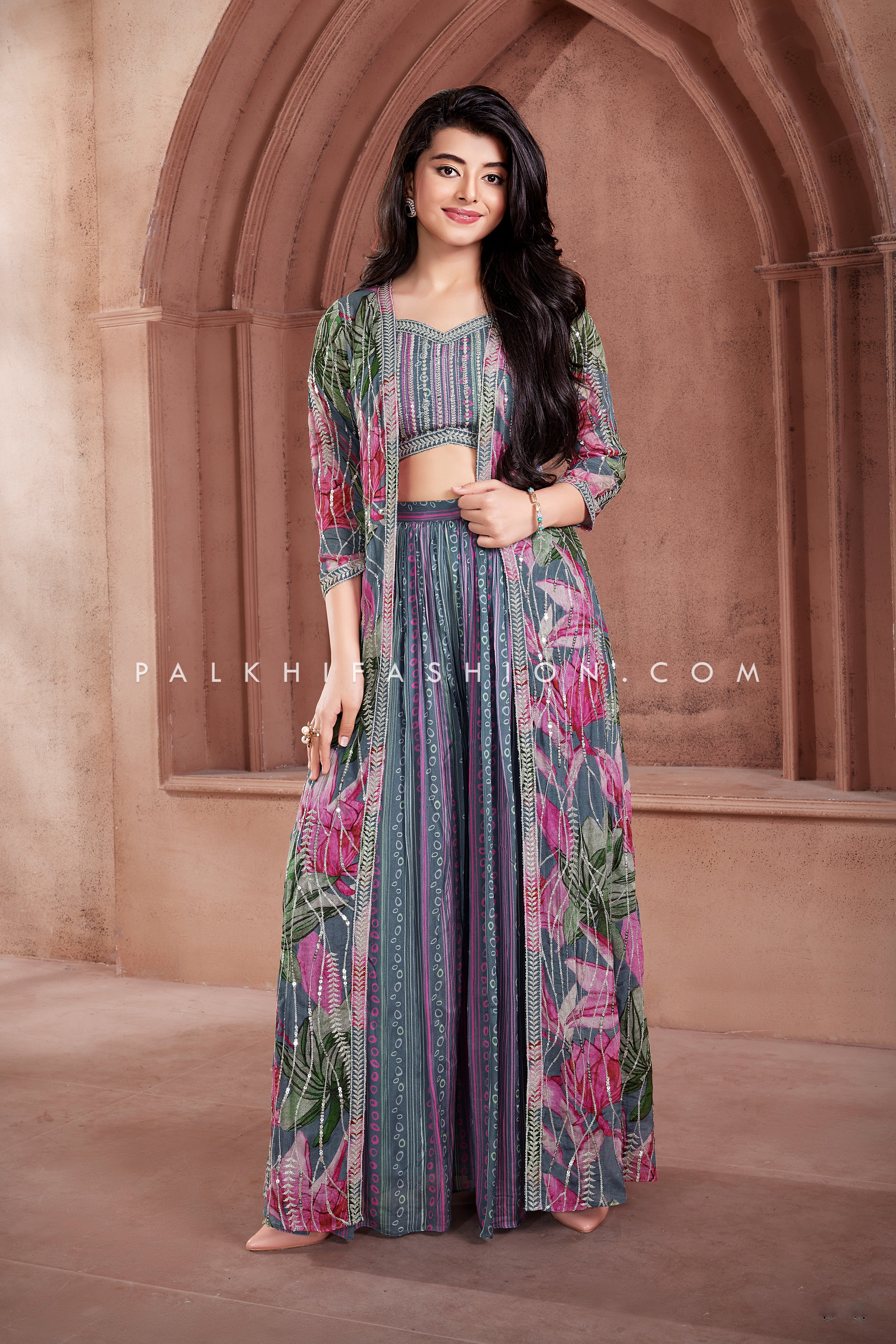 Long Jacket Plazo Suits With Short Tops Designer Multi-Color Crop