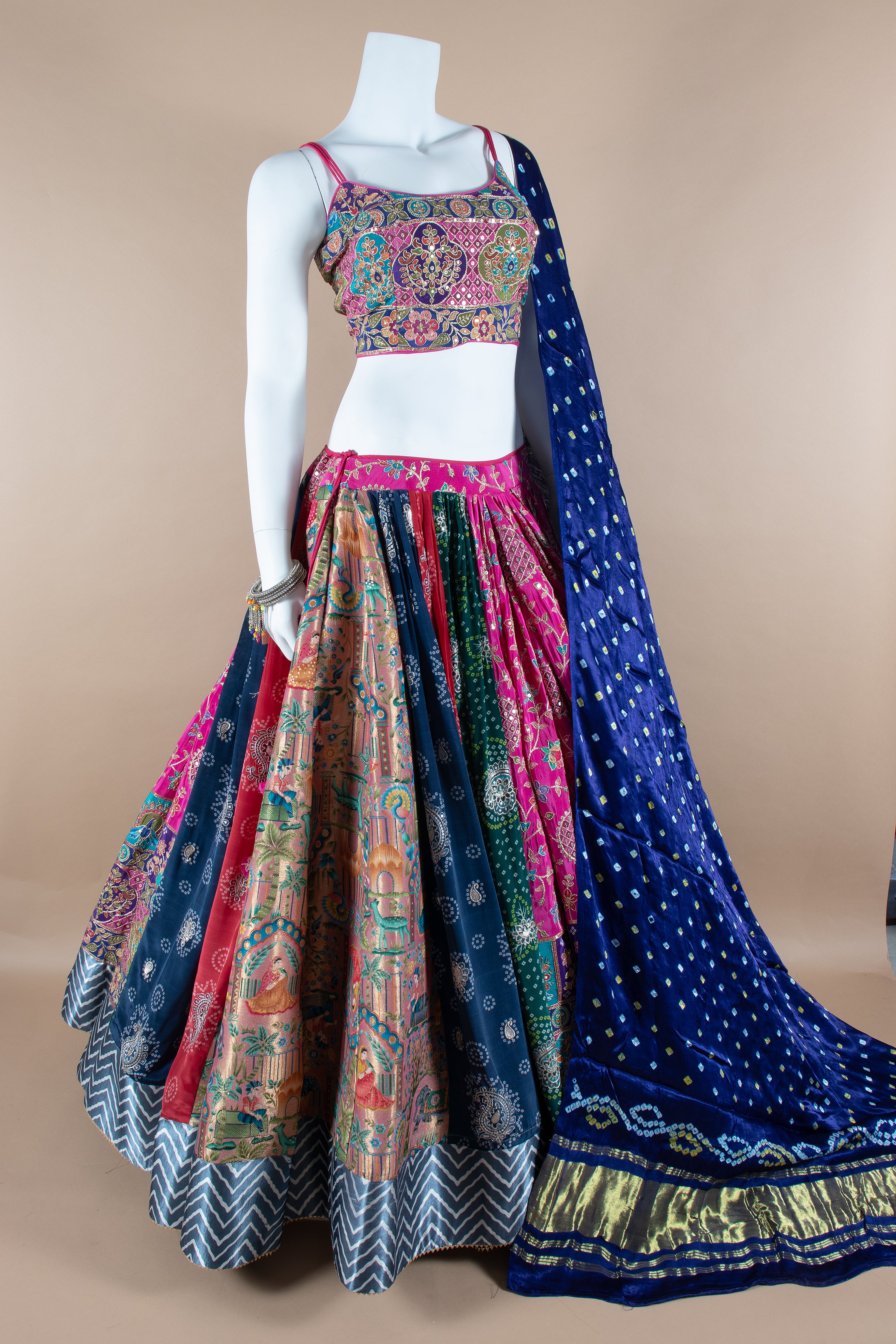 Designer Multicolor Chaniya Choli Set with Spaghetti Blouse & Gaji Silk Dupatta