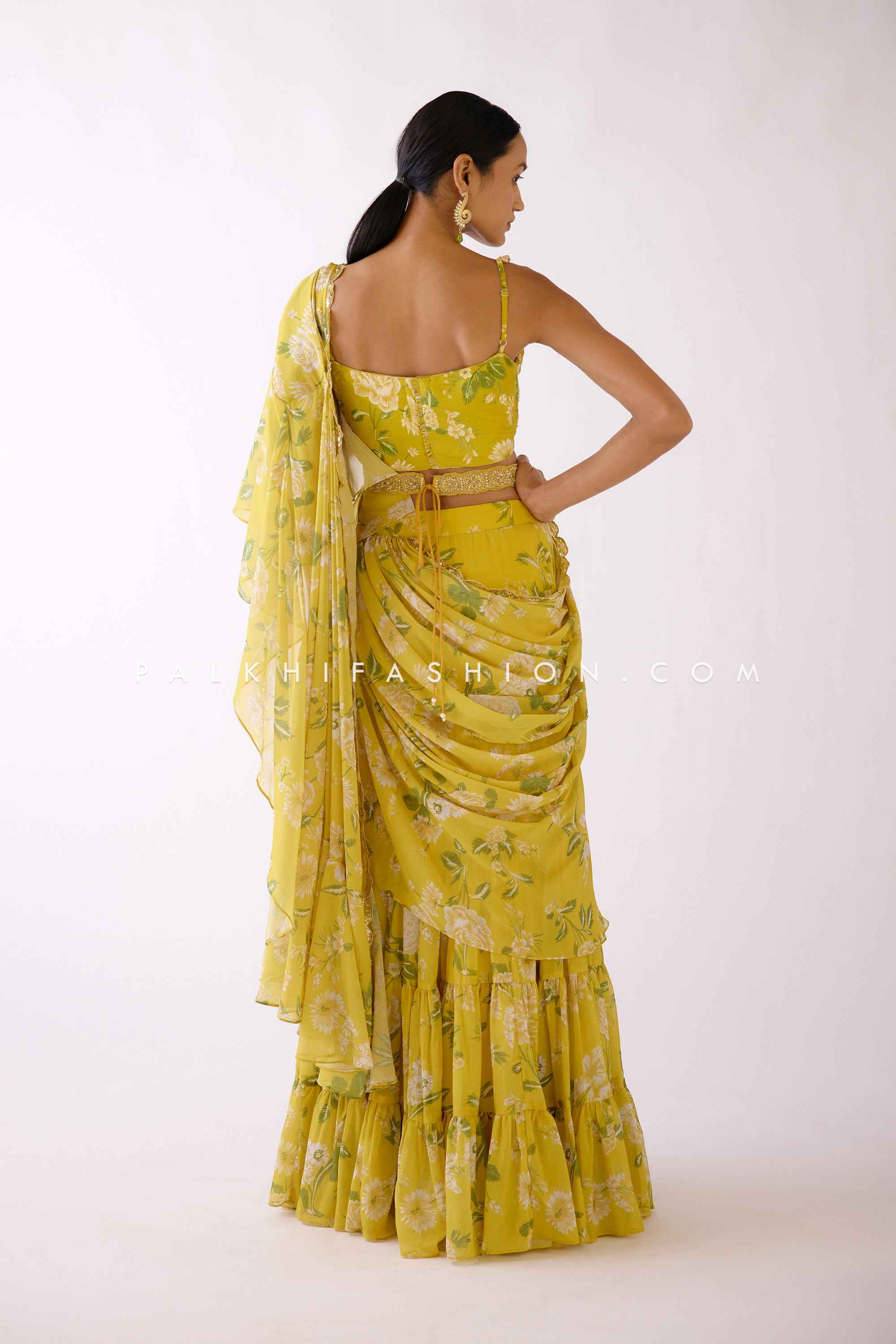 Designer Pastel Yellow Ready To Wear Lehenga Saree With Handwork