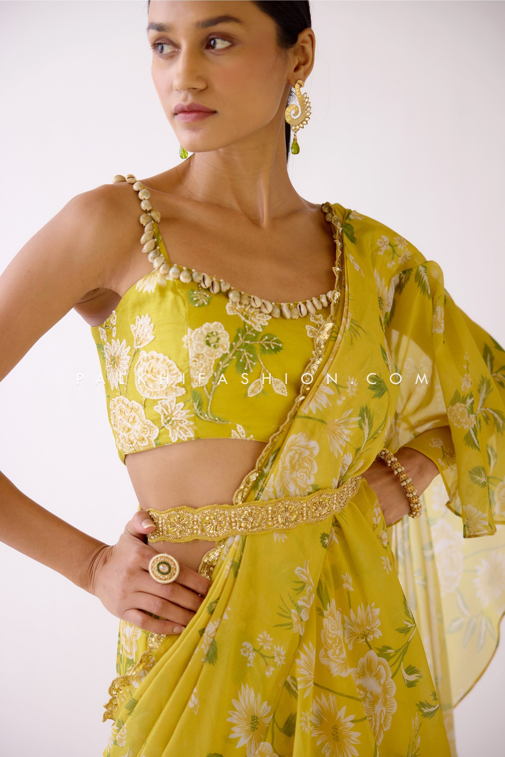 Designer Pastel Yellow Ready To Wear Lehenga Saree With Handwork