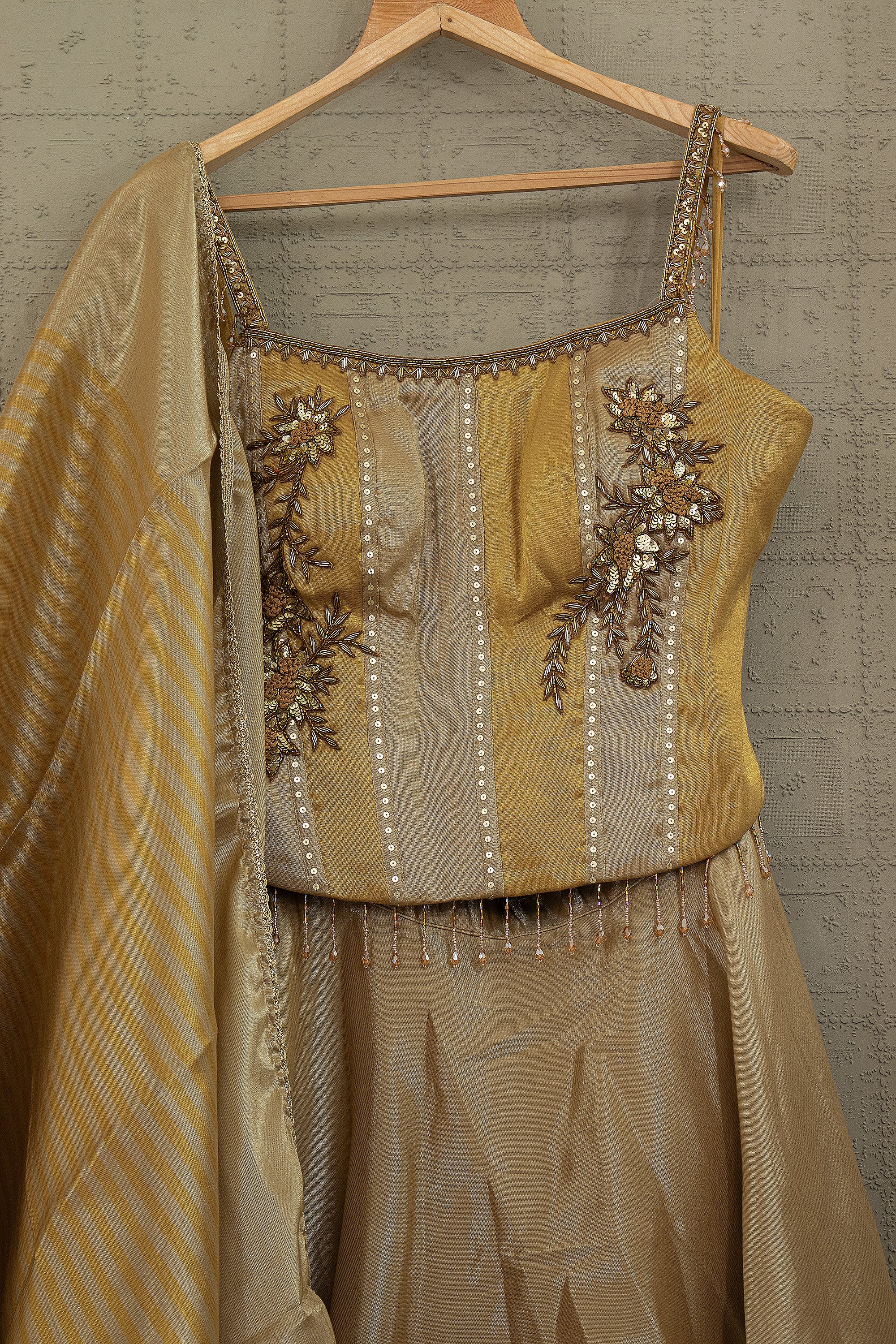 Designer Silk Tissue Lehenga Choli with Handwork Corset Top | Palkhi Fashion