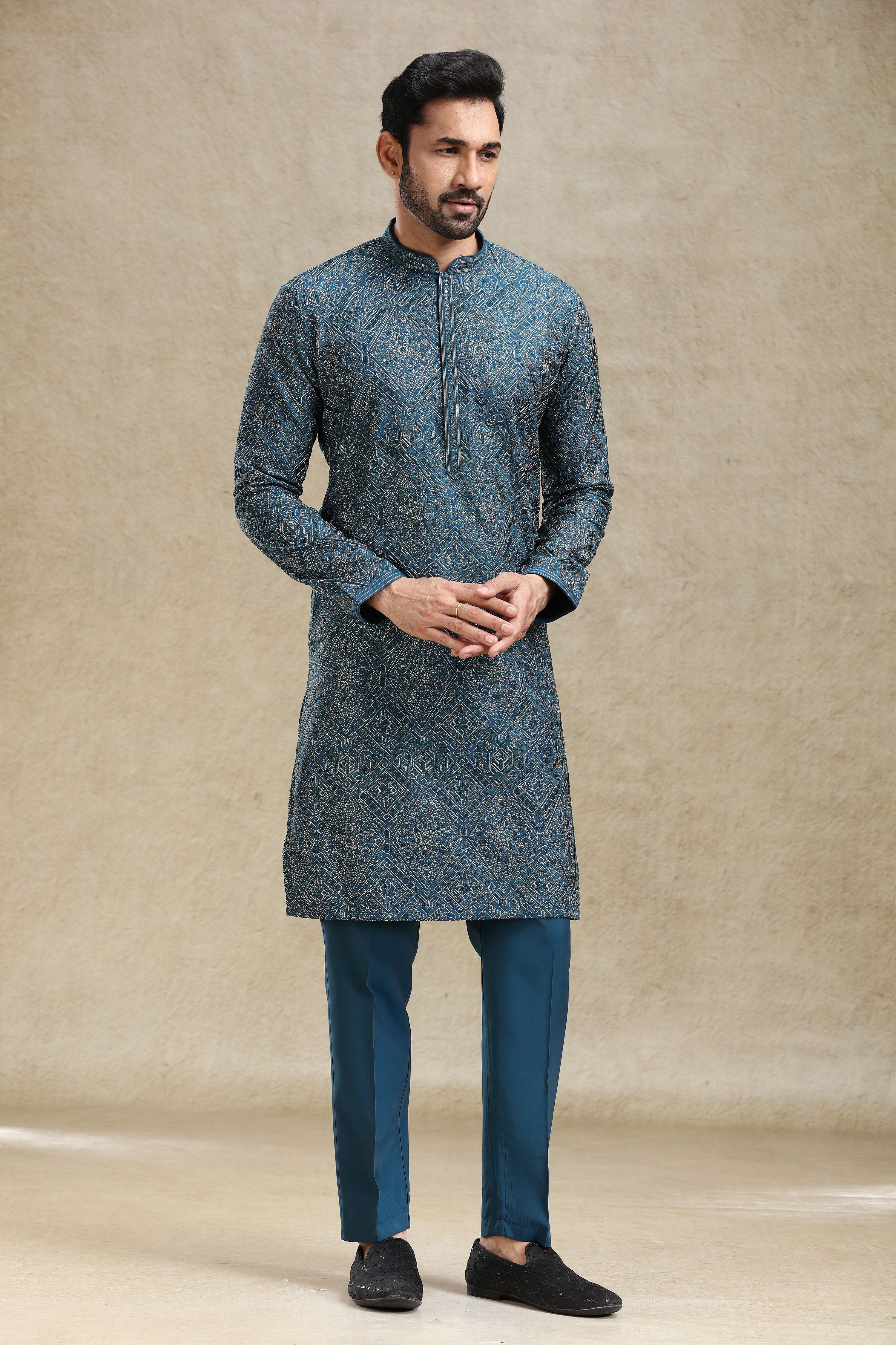 Petrol Blue Kurta Pajama Set with Embroidery Work – Palkhi Fashion