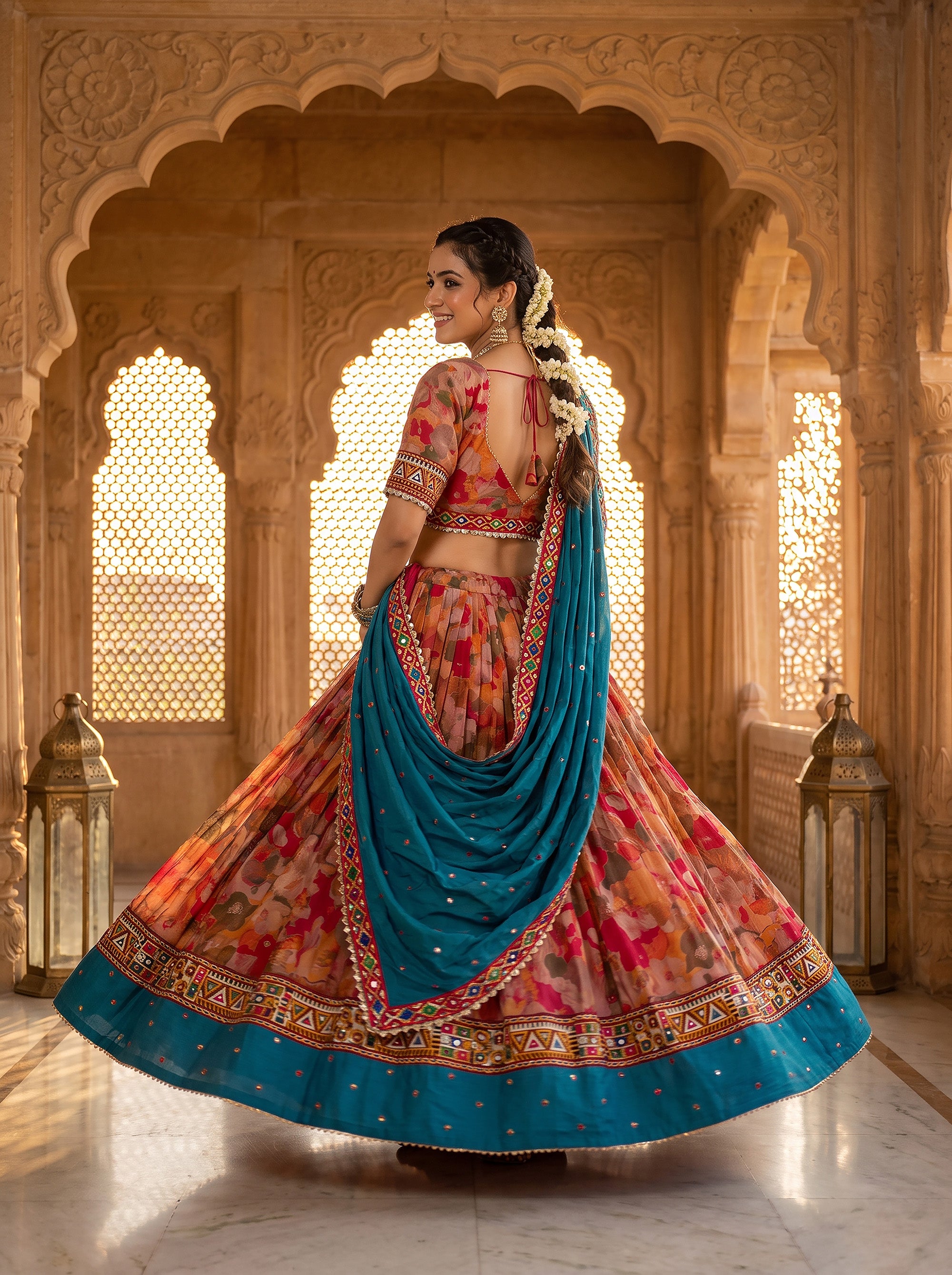 Floral Heritage – Designer Floral Navratri Chaniya Choli with Teal Dupatta | Palkhi Fashion