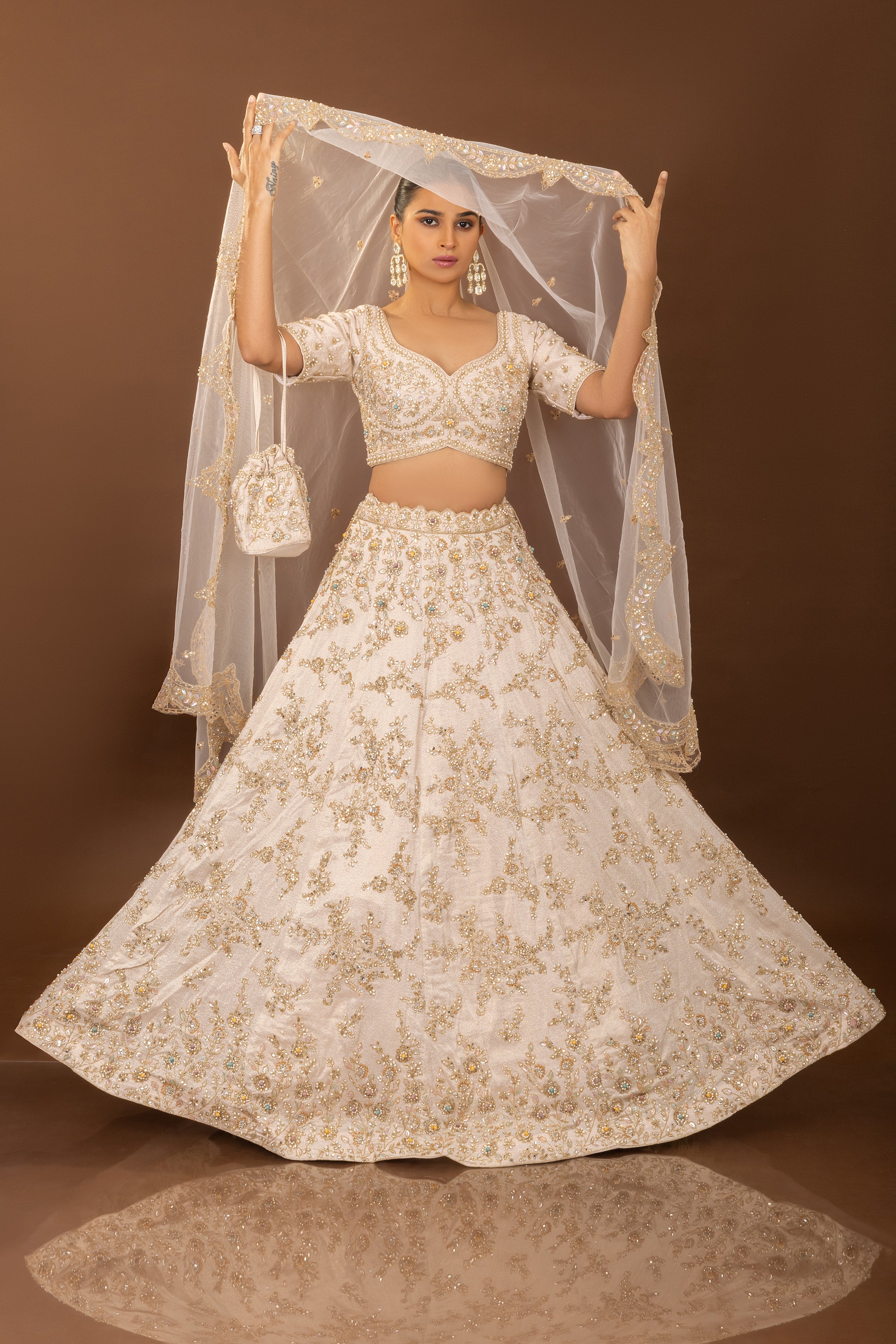 Divine Flair: Artisanal Off White Designer Lehenga Choli with Handwork