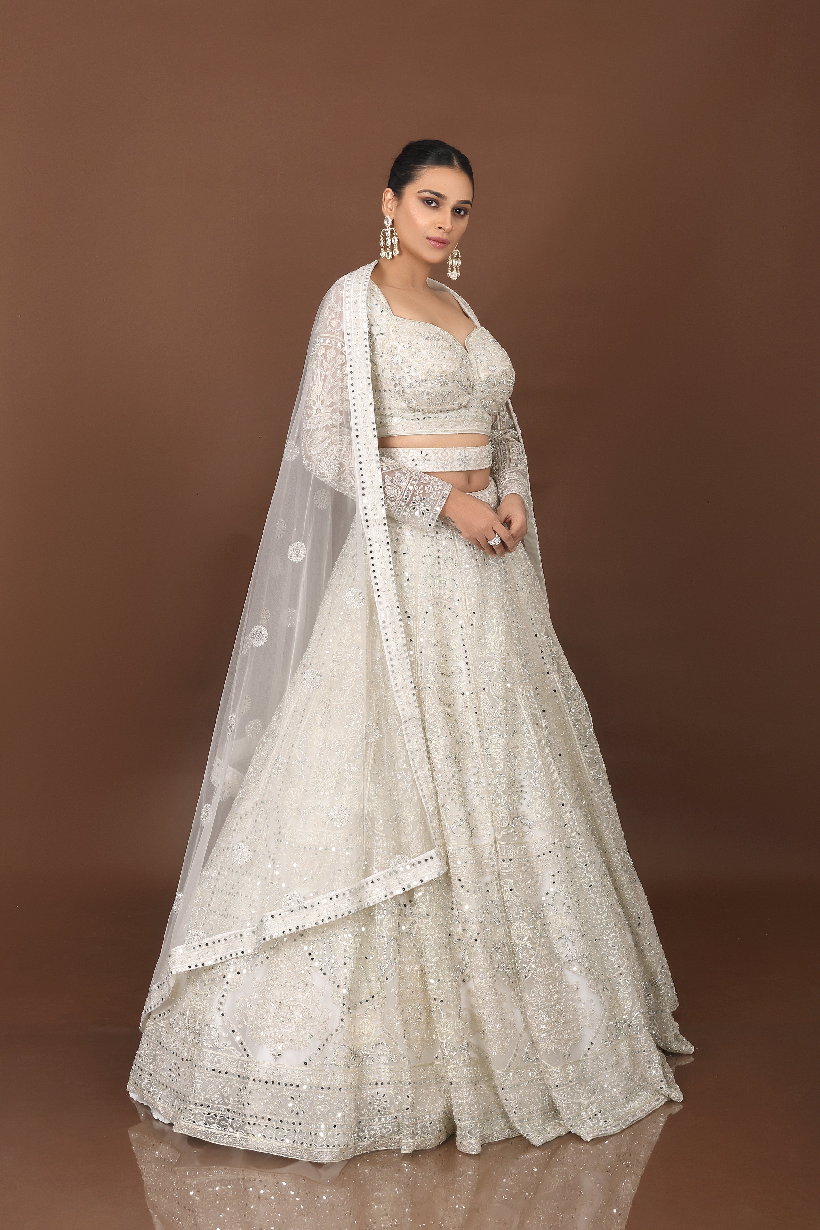 Divine Flair: White Mirror Work Celebrity Inspired Designer Lehenga Choli