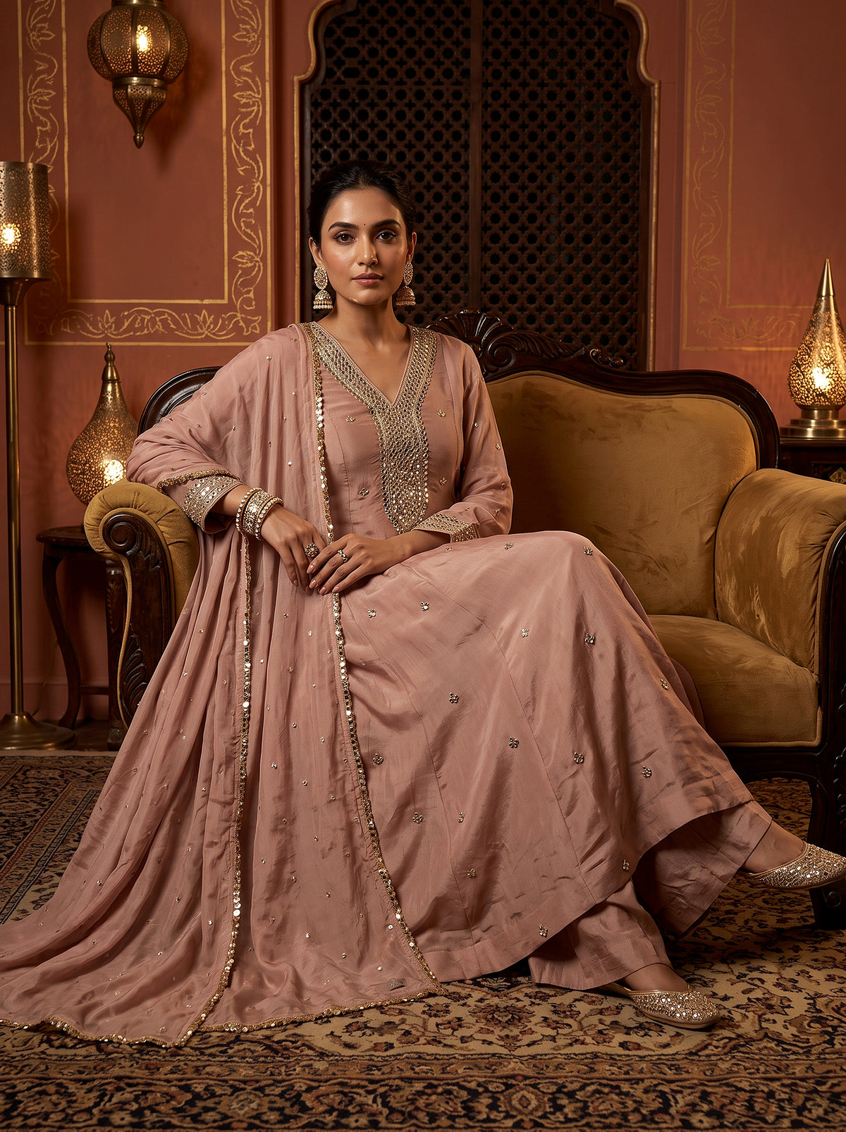 Blush Radiance | Designer Authentic Mirror Work Blush Silk A-Line Anarkali Suit | Palkhi Fashion