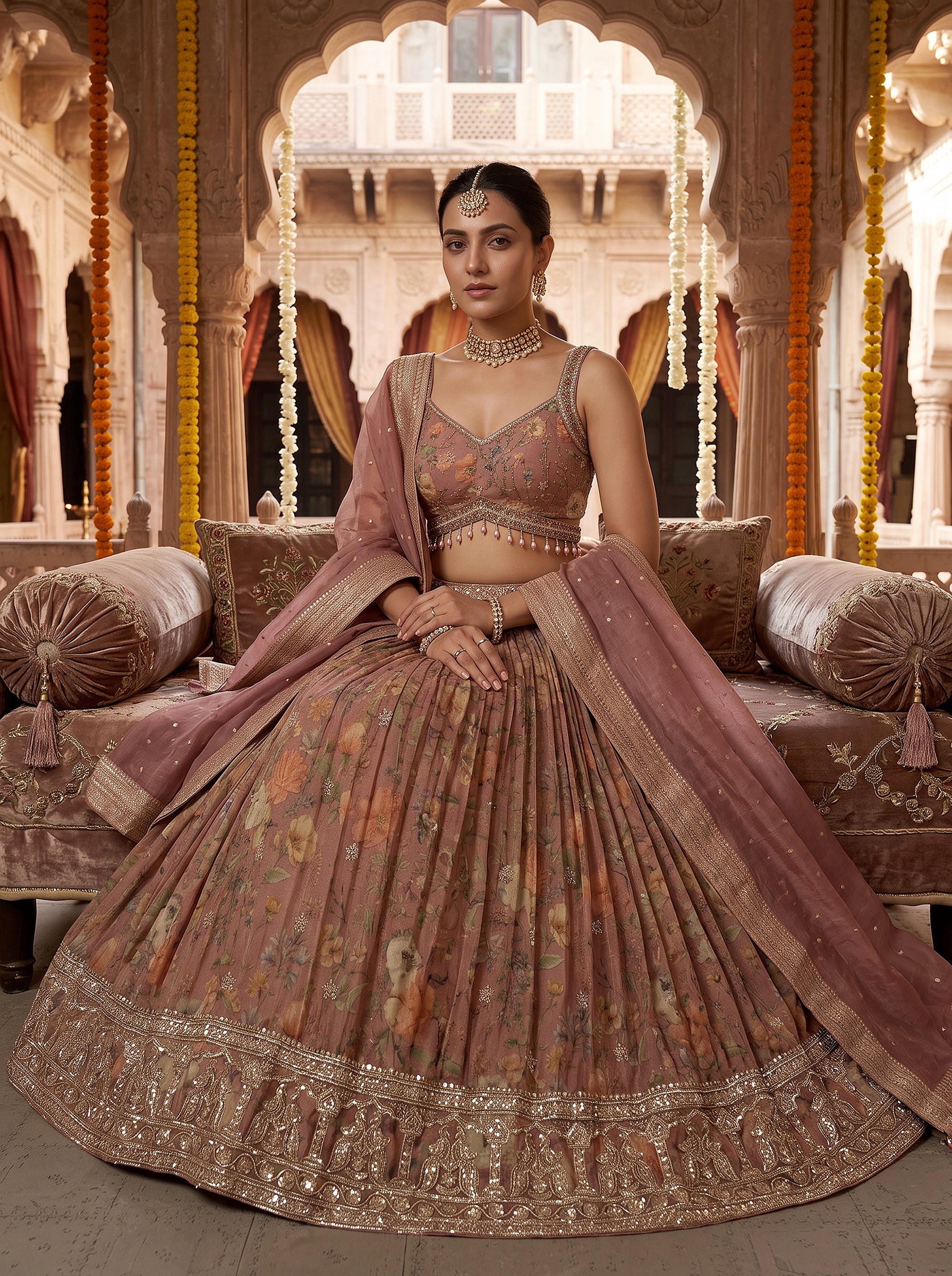 Floral Bloom | Dusty Pink Floral Printed Georgette Lehenga Set with Cutdana Work | Palkhi Fashion