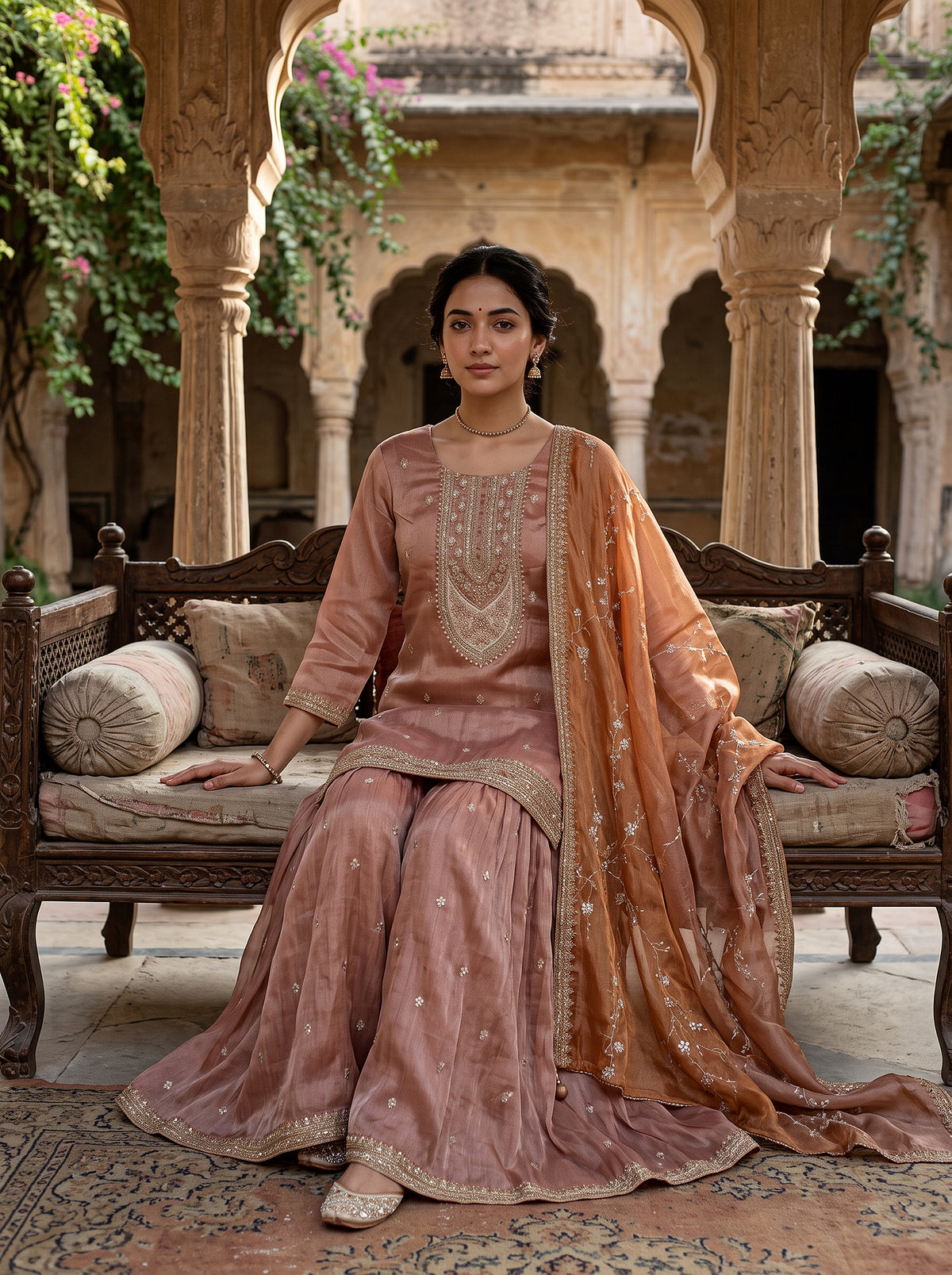 Vintage Radiance | Dusty Rose Tissue Silk Kurta Sharara Set with Zardozi Work | Palkhi Fashion
