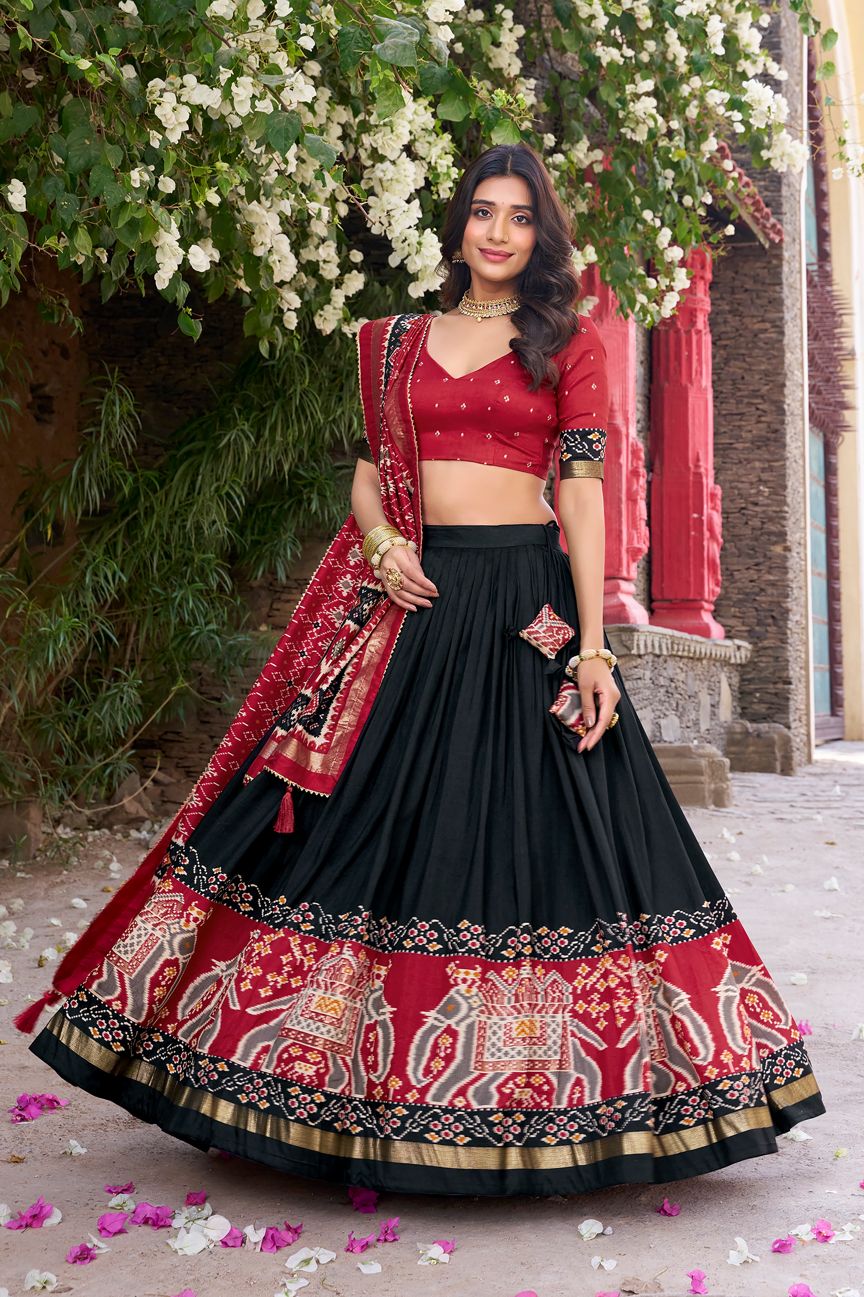 Elegant Black Patola Chaniya Choli in Tussar Silk – Palkhi Fashion