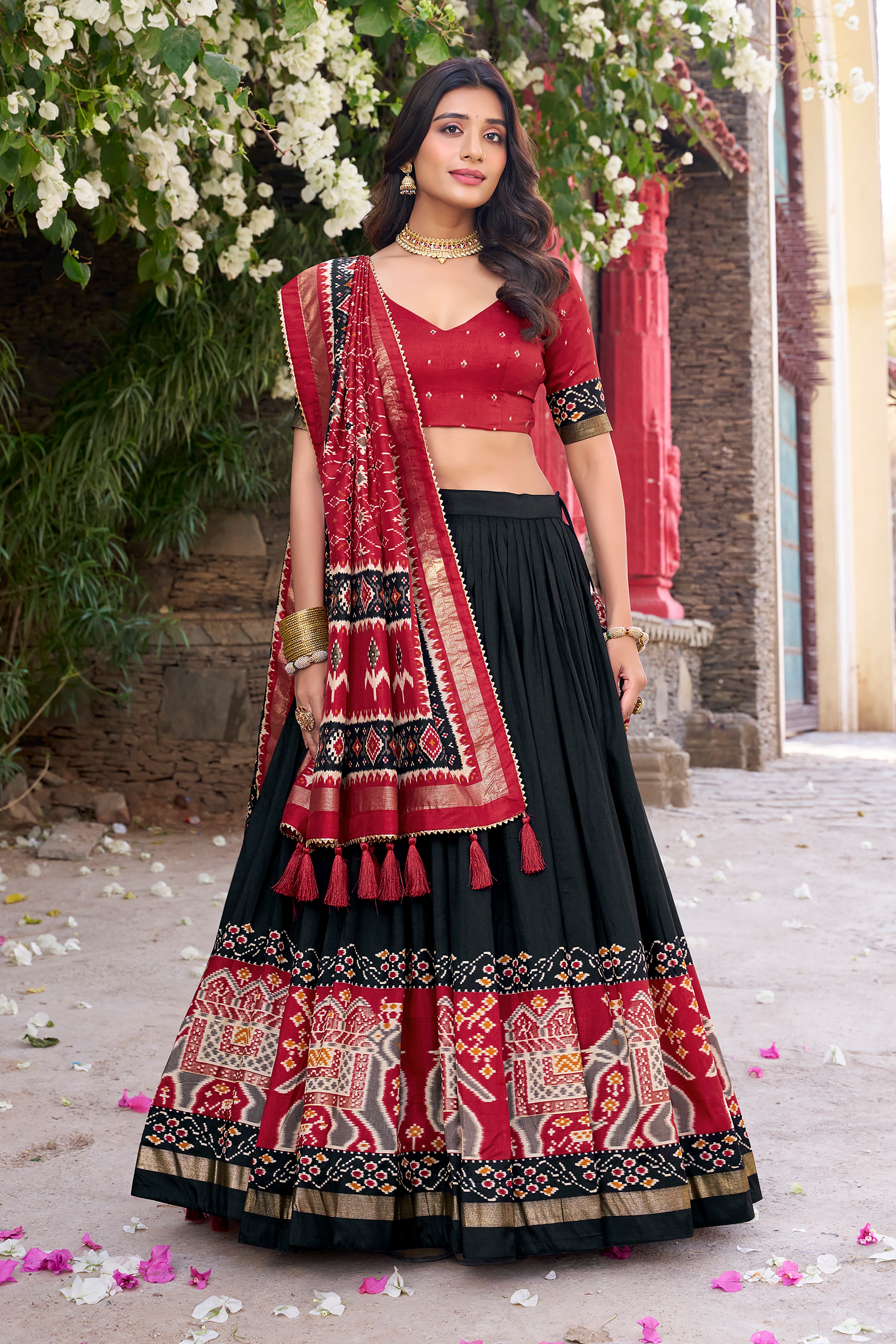 Elegant Black Patola Chaniya Choli in Tussar Silk – Palkhi Fashion
