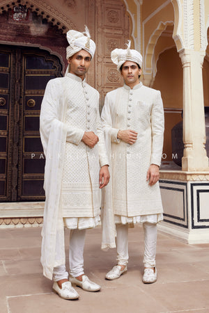 Elegant Cream Self Patterned Indo western Set – A Timeless Choice for Weddings