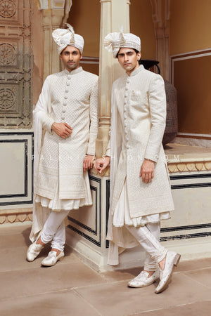 Elegant Cream Self Patterned Indo western Set – A Timeless Choice for Weddings