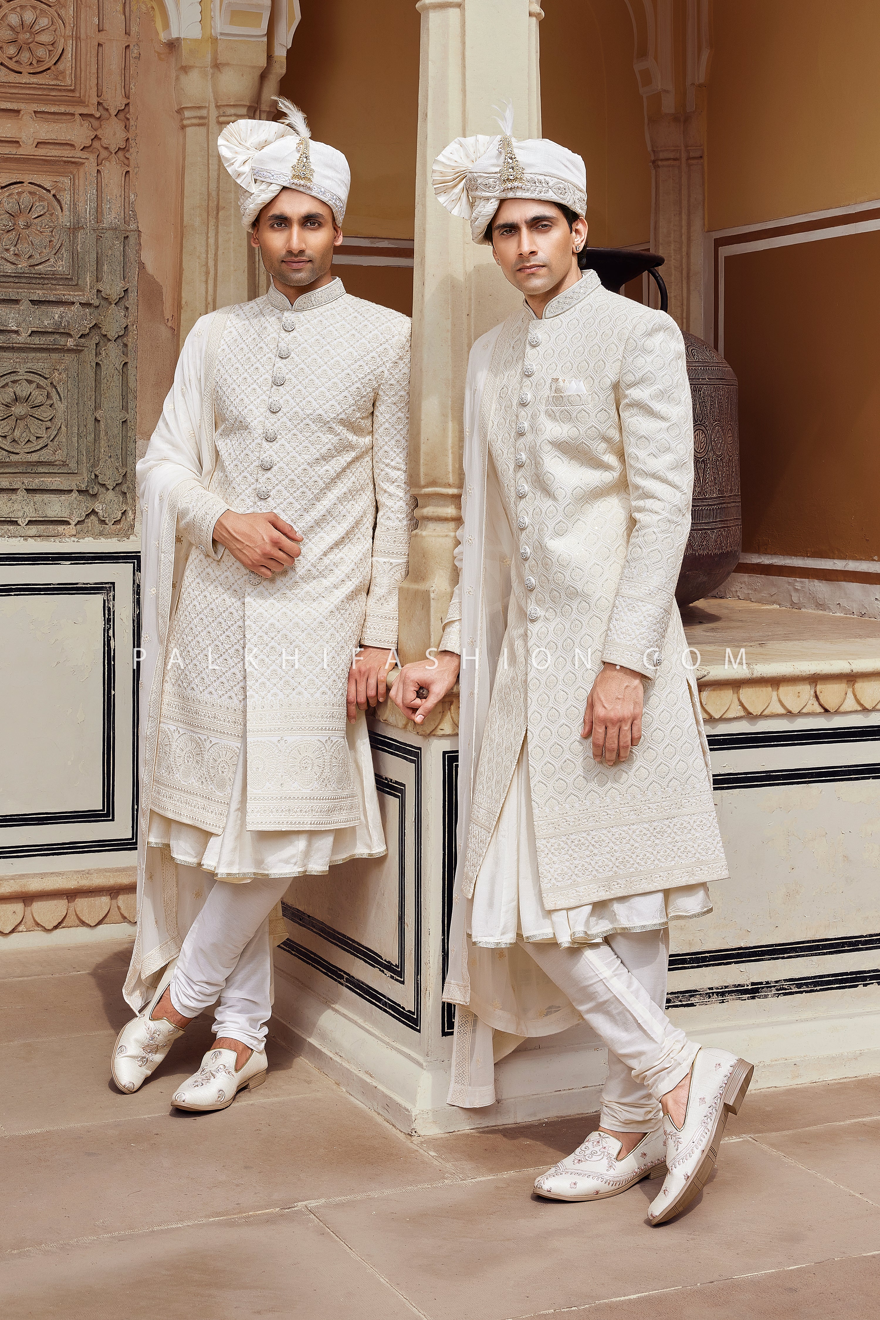 Elegant Cream Self Patterned Indo western Set – A Timeless Choice for Weddings
