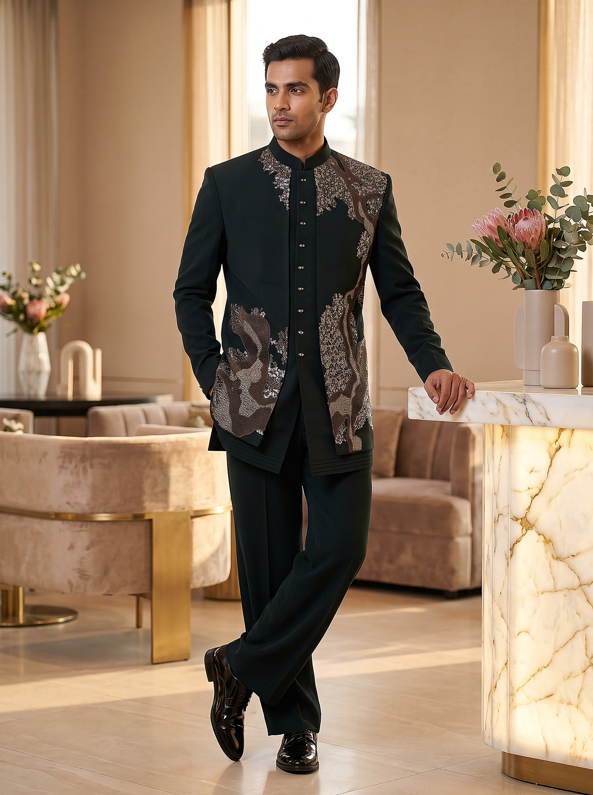 Majestic Emerald | Emerald Men's Indo-Western Set with Abstract Embroidery | Palkhi Fashion