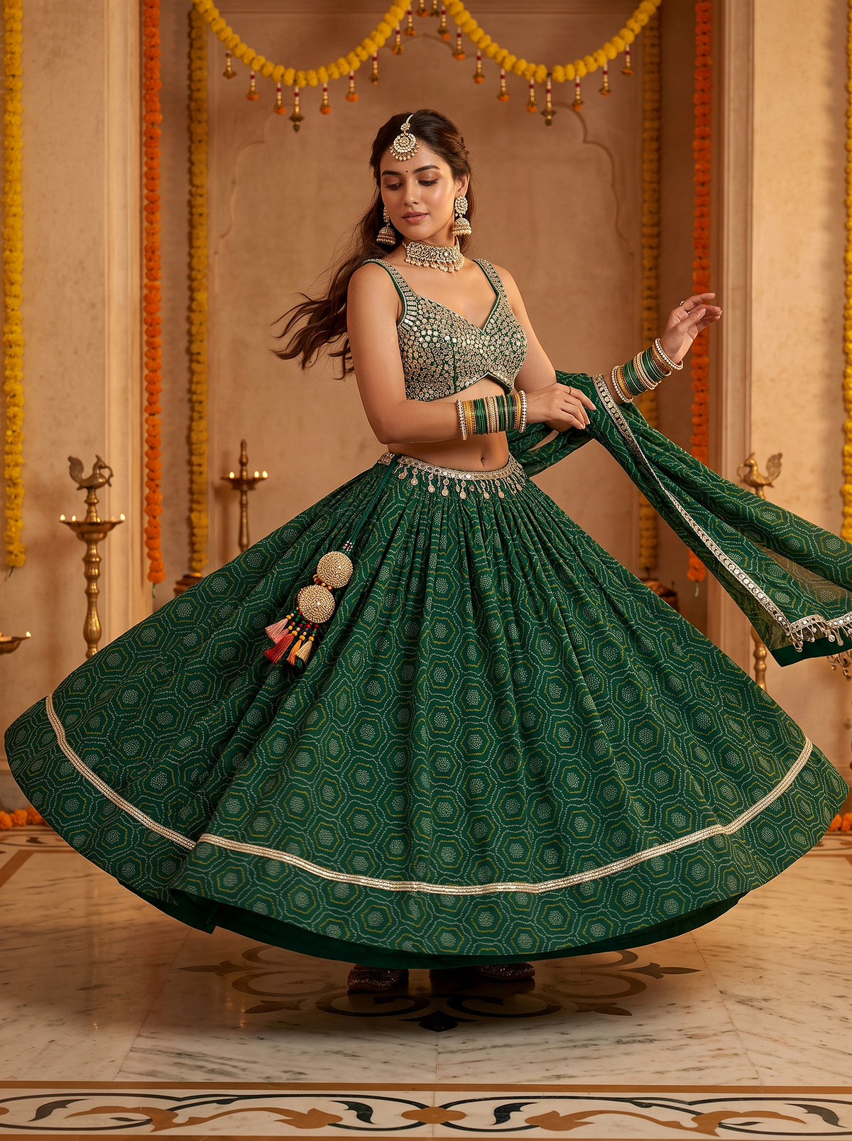 Emerald Radiance | Emerald Green Bandhej Lehenga Choli with Full Mirror Work | Palkhi Fashion