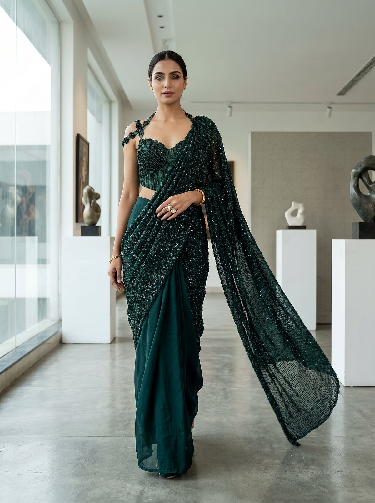 Emerald Elegance | Emerald Green Pre-Draped Saree with Handwork Corset Blouse | Palkhi Fashion
