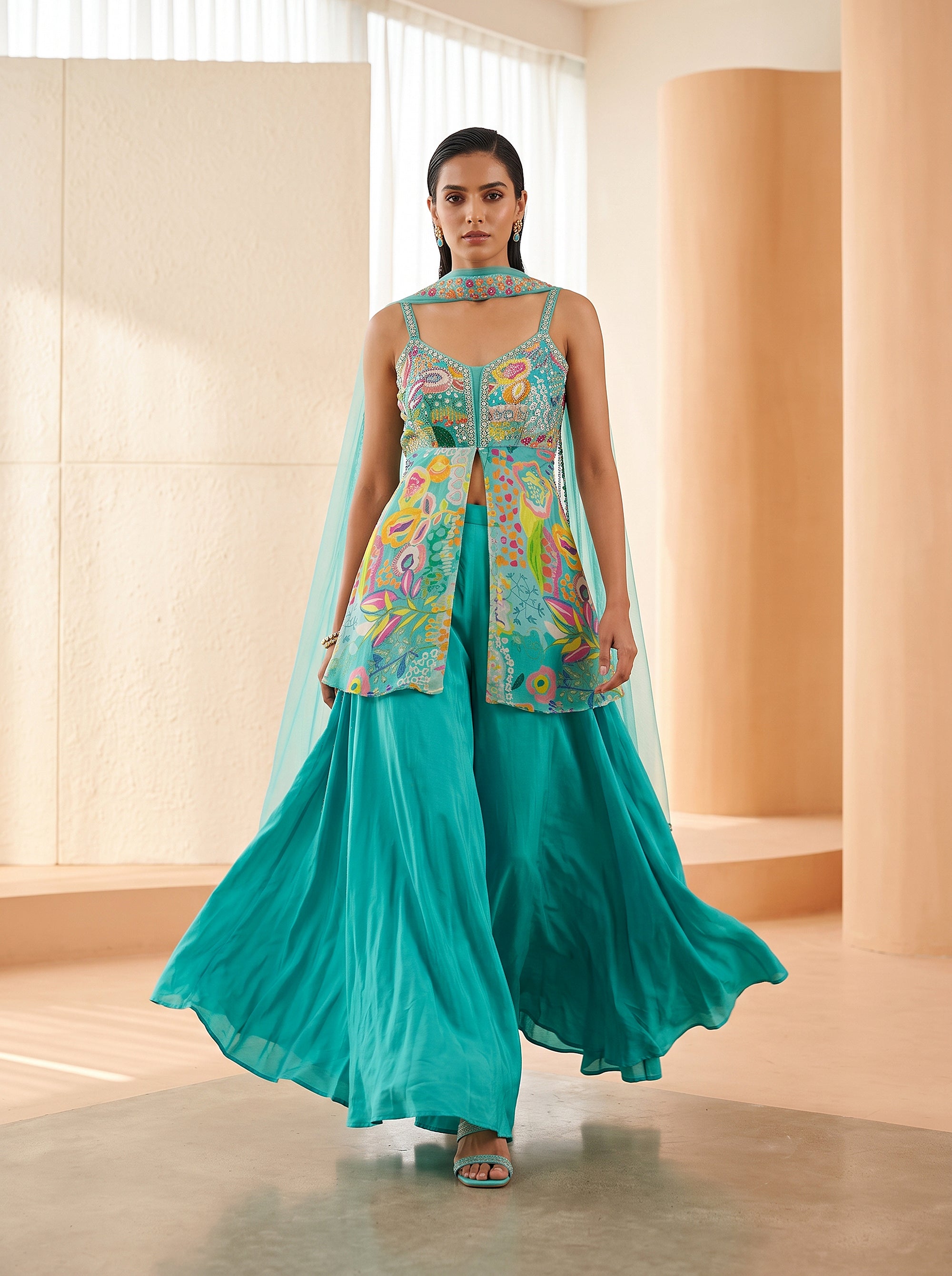 Turquoise Bloom | Floral Georgette Indo-Western Suit | Palkhi Fashion