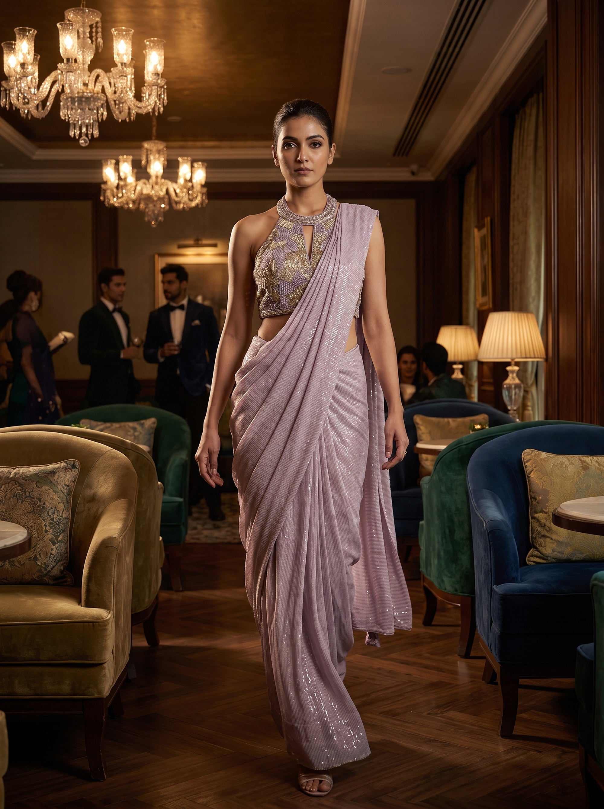 Lilac Sequined Georgette Saree with Halter Blouse | Palkhi Fashion