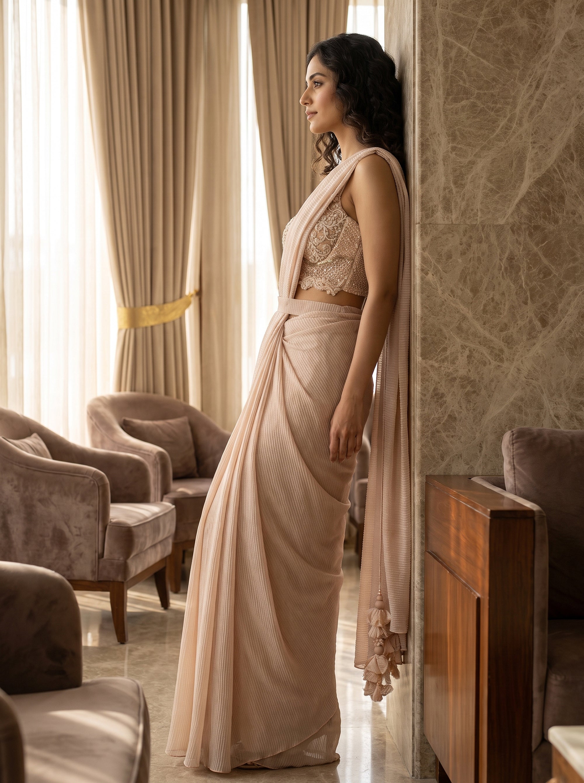 Champagne Pleated Saree with Beadwork Blouse | Palkhi Fashion